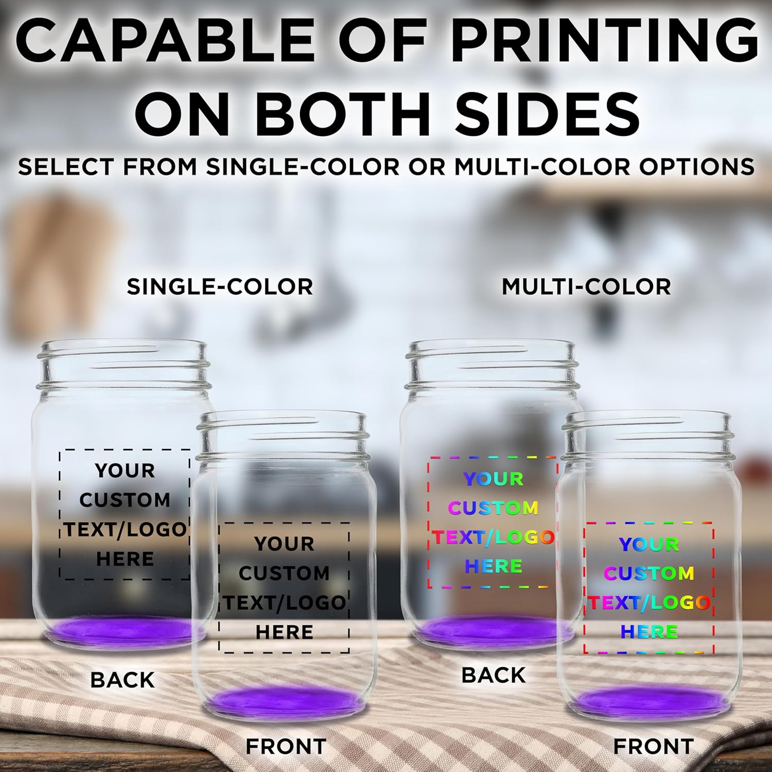 Set of 10 12 oz. Custom Decorating Mason Jars - Personalized Bulk Pack for Overnight Oats, Candies, Fruits, Pickles, Spices, Beverages - Purple