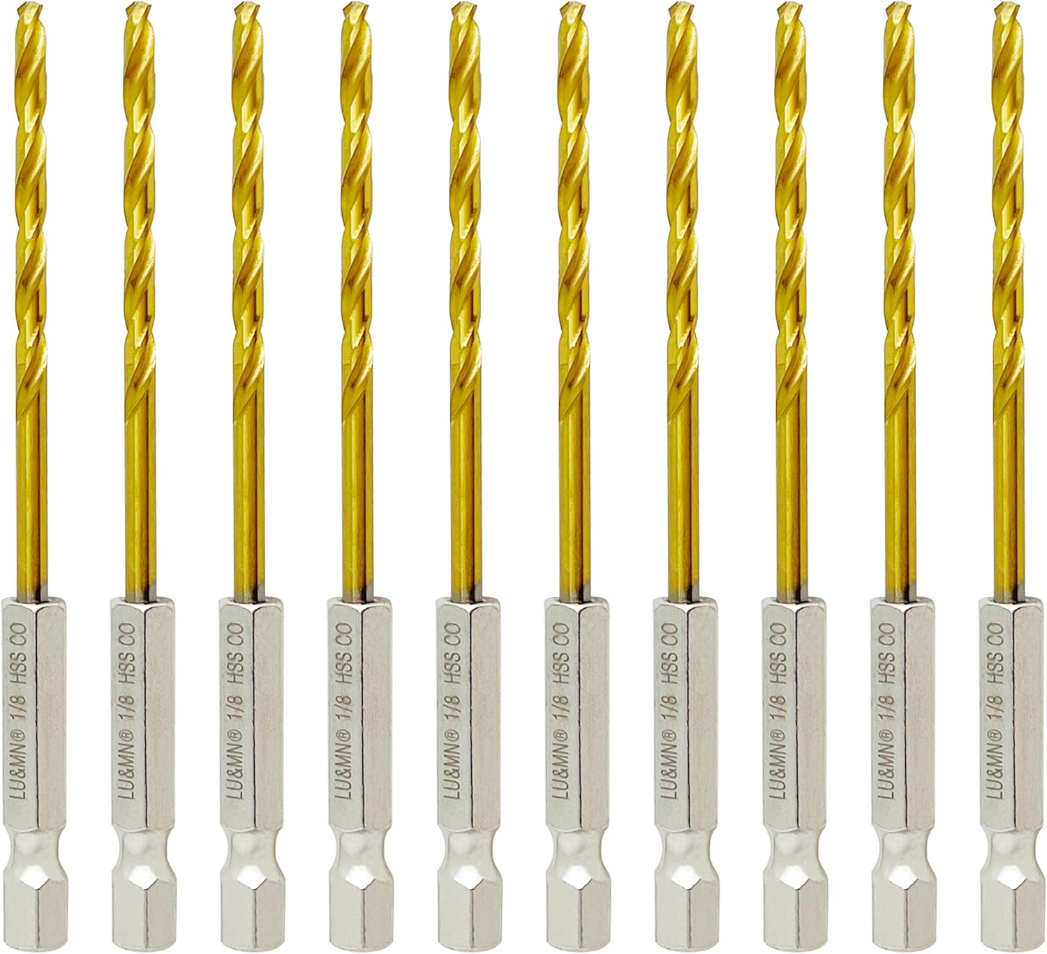 Set of 10 Titanium HSS Twist Drill Bits with 1/8" Hex Shank