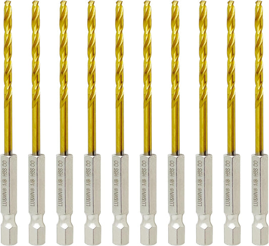 Set of 10 Titanium HSS Twist Drill Bits with 1/8" Hex Shank