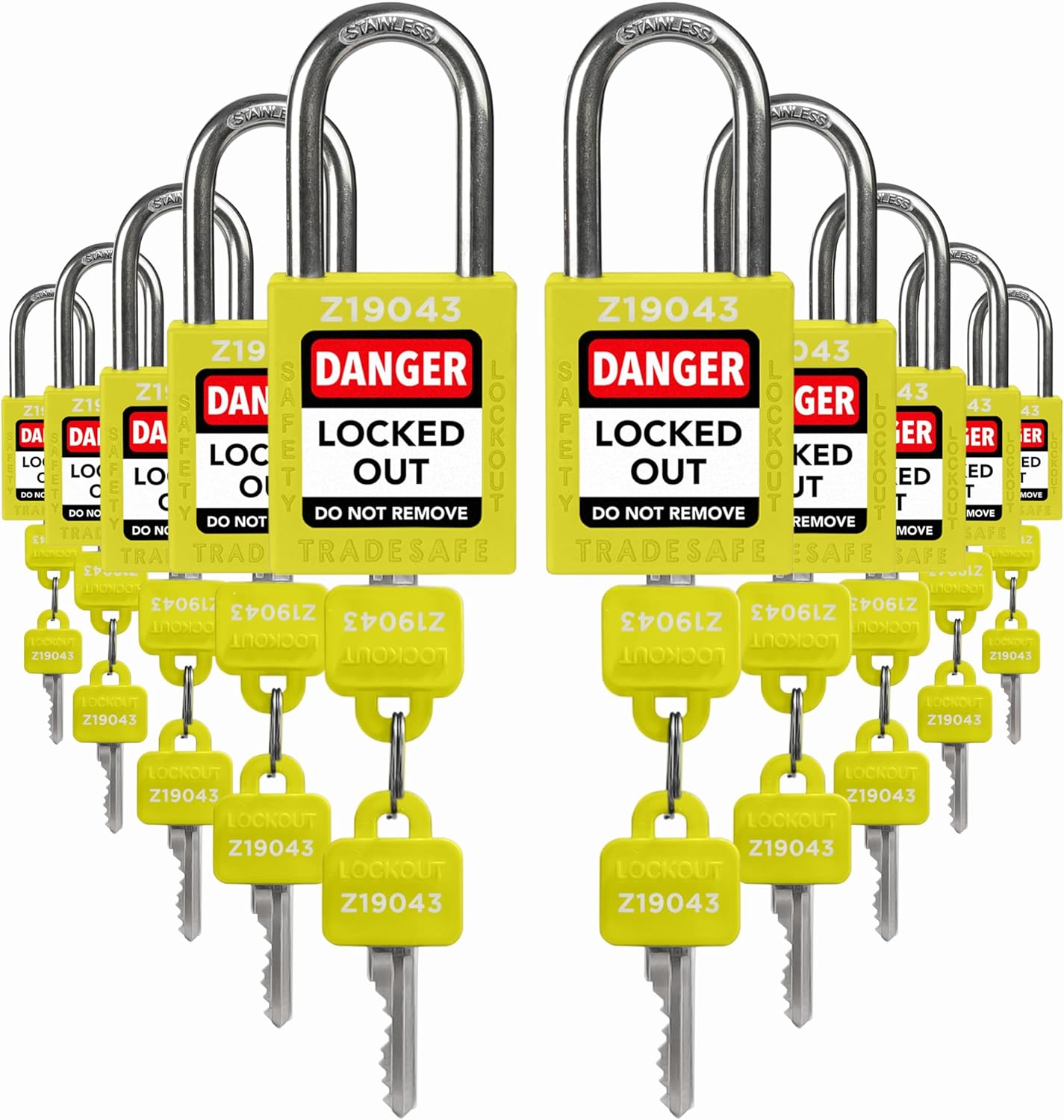 Set of 10 Yellow Keyed Alike Lockout Tagout Padlocks with 2 Keys Per Lock - OSHA Compliant