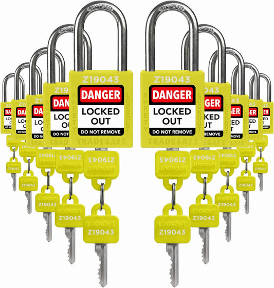 Set of 10 Yellow Keyed Alike Lockout Tagout Padlocks with 2 Keys Per Lock - OSHA Compliant