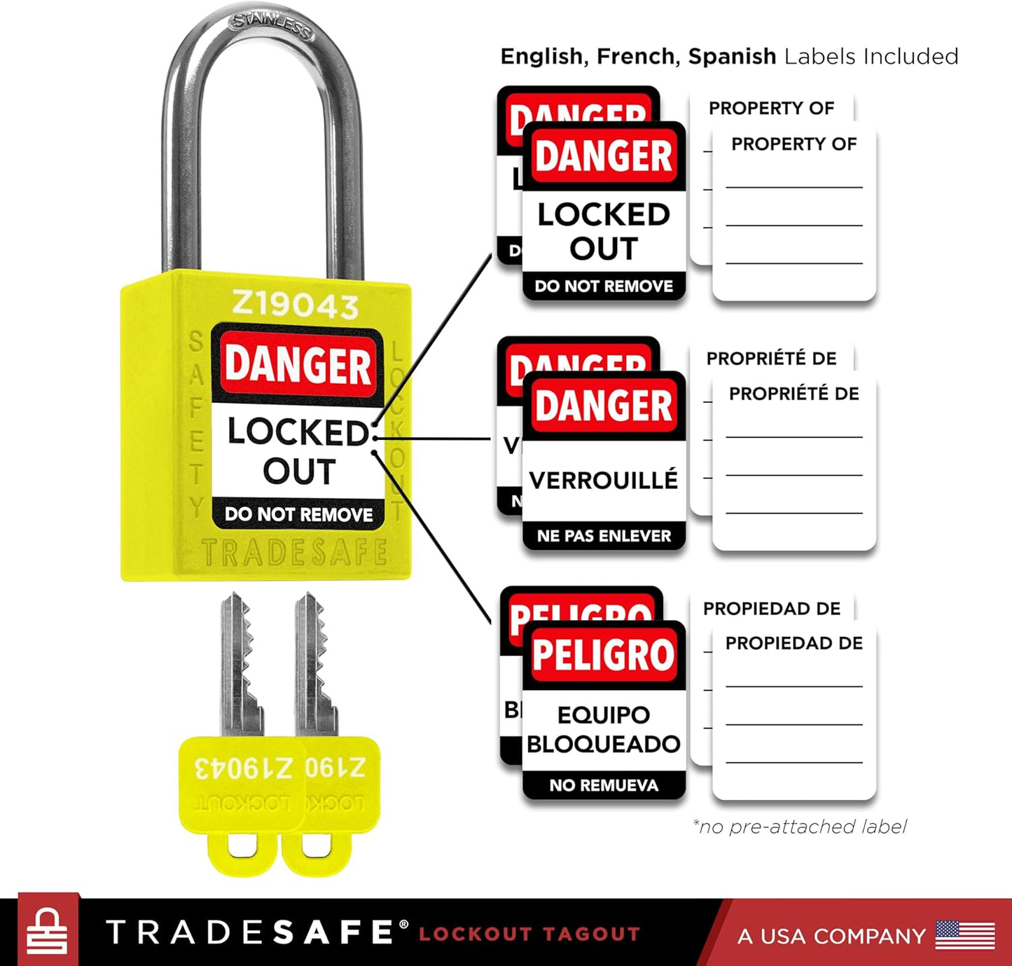 Set of 10 Yellow Keyed Alike Lockout Tagout Padlocks with 2 Keys Per Lock - OSHA Compliant