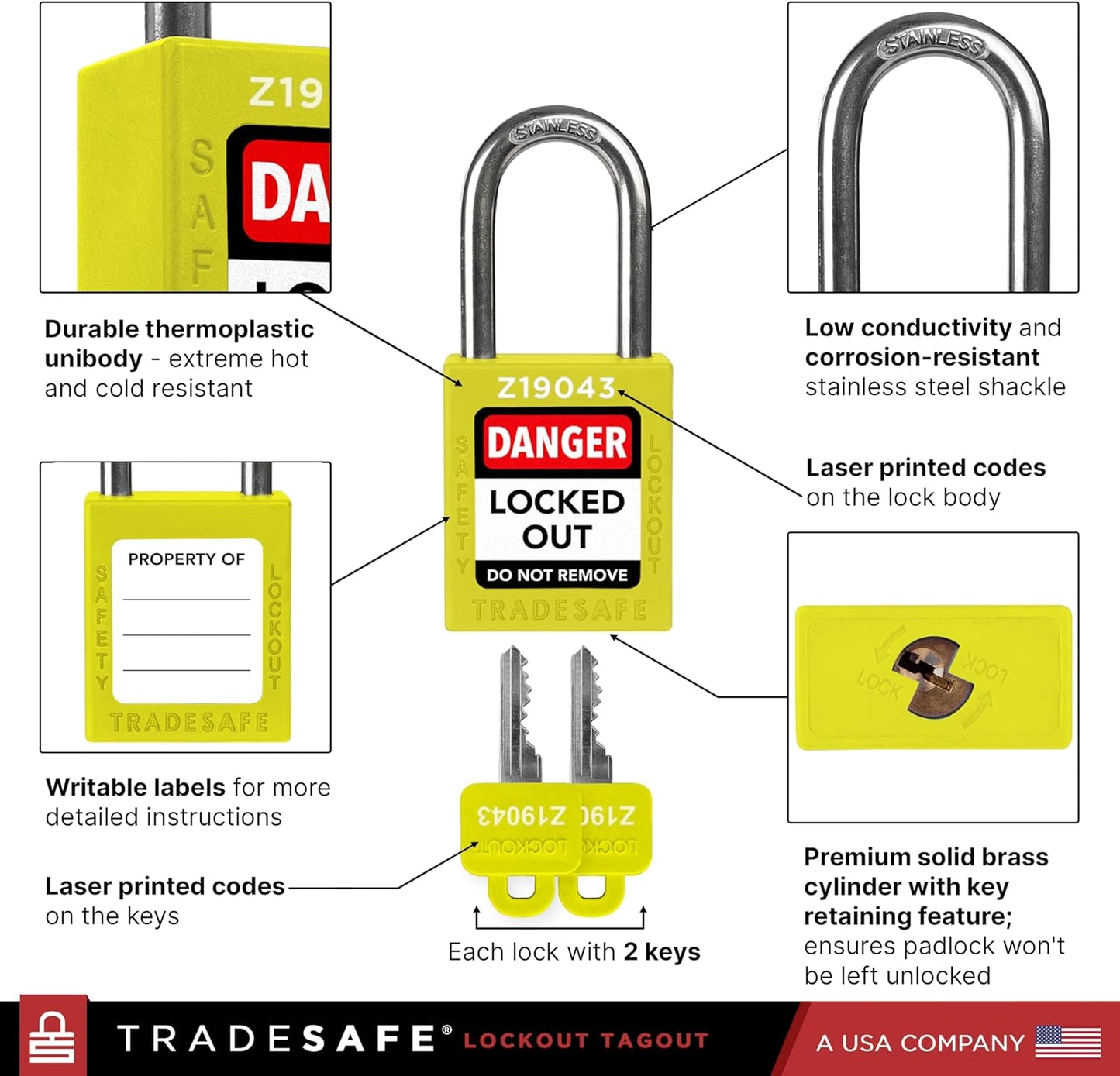 Set of 10 Yellow Keyed Alike Lockout Tagout Padlocks with 2 Keys Per Lock - OSHA Compliant