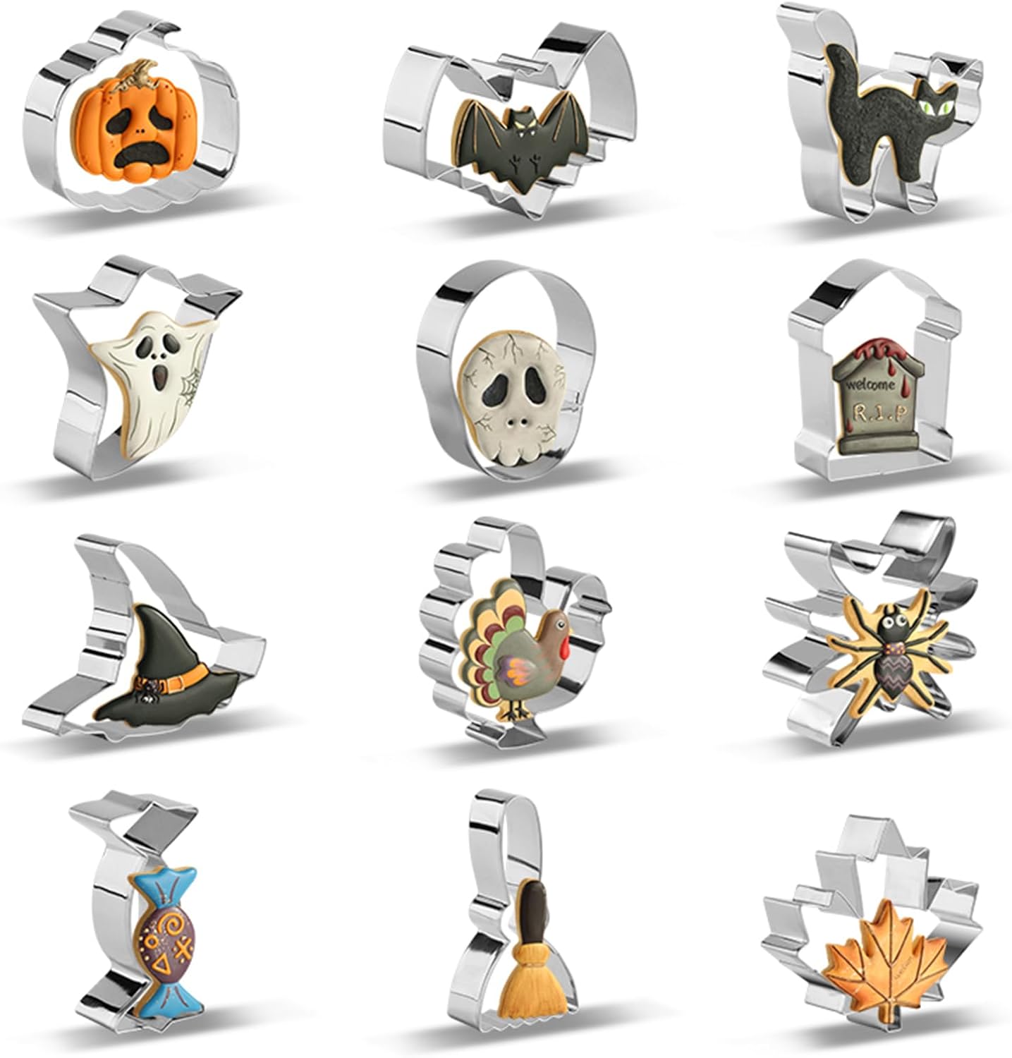 Set of 12 Stainless Steel Halloween Cookie Cutters - Pumpkin, Cat, Bat, Ghost, Witch Hat Shapes - Decorations for Halloween Party - Gift Box Included