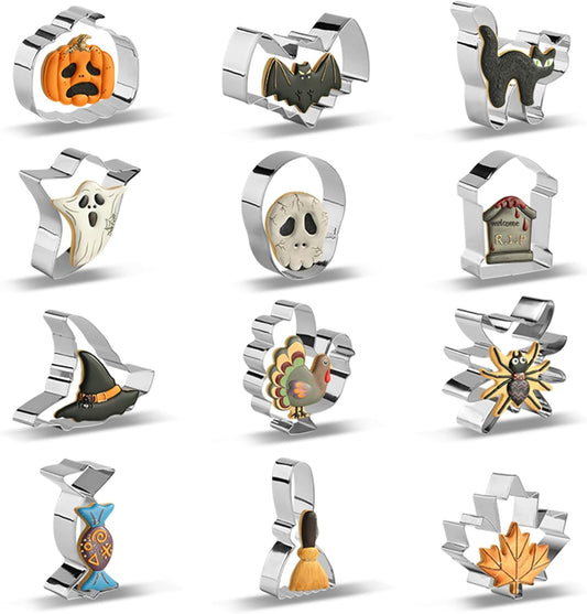 Set of 12 Stainless Steel Halloween Cookie Cutters - Pumpkin, Cat, Bat, Ghost, Witch Hat Shapes - Decorations for Halloween Party - Gift Box Included