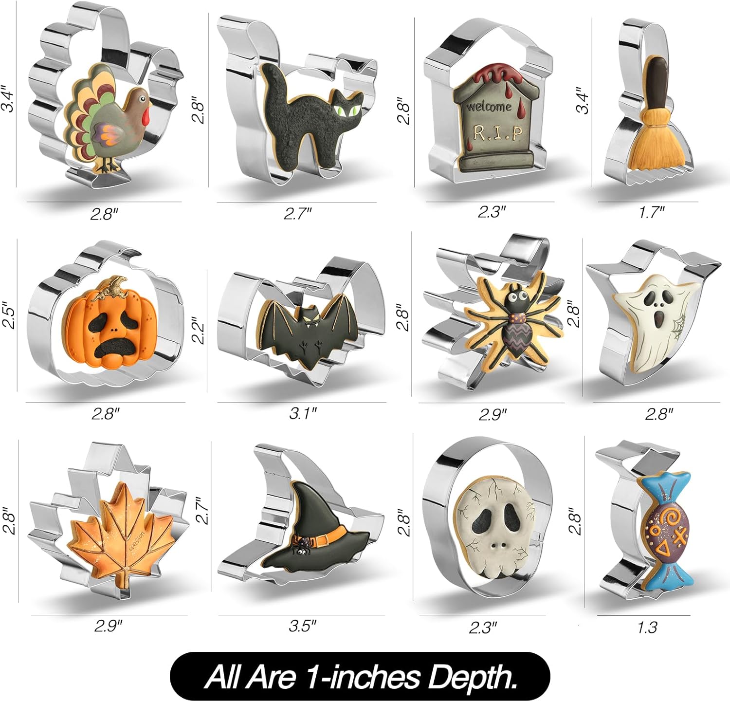 Set of 12 Stainless Steel Halloween Cookie Cutters - Pumpkin, Cat, Bat, Ghost, Witch Hat Shapes - Decorations for Halloween Party - Gift Box Included