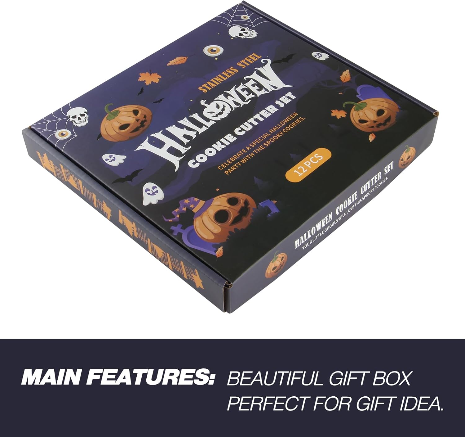 Set of 12 Stainless Steel Halloween Cookie Cutters - Pumpkin, Cat, Bat, Ghost, Witch Hat Shapes - Decorations for Halloween Party - Gift Box Included