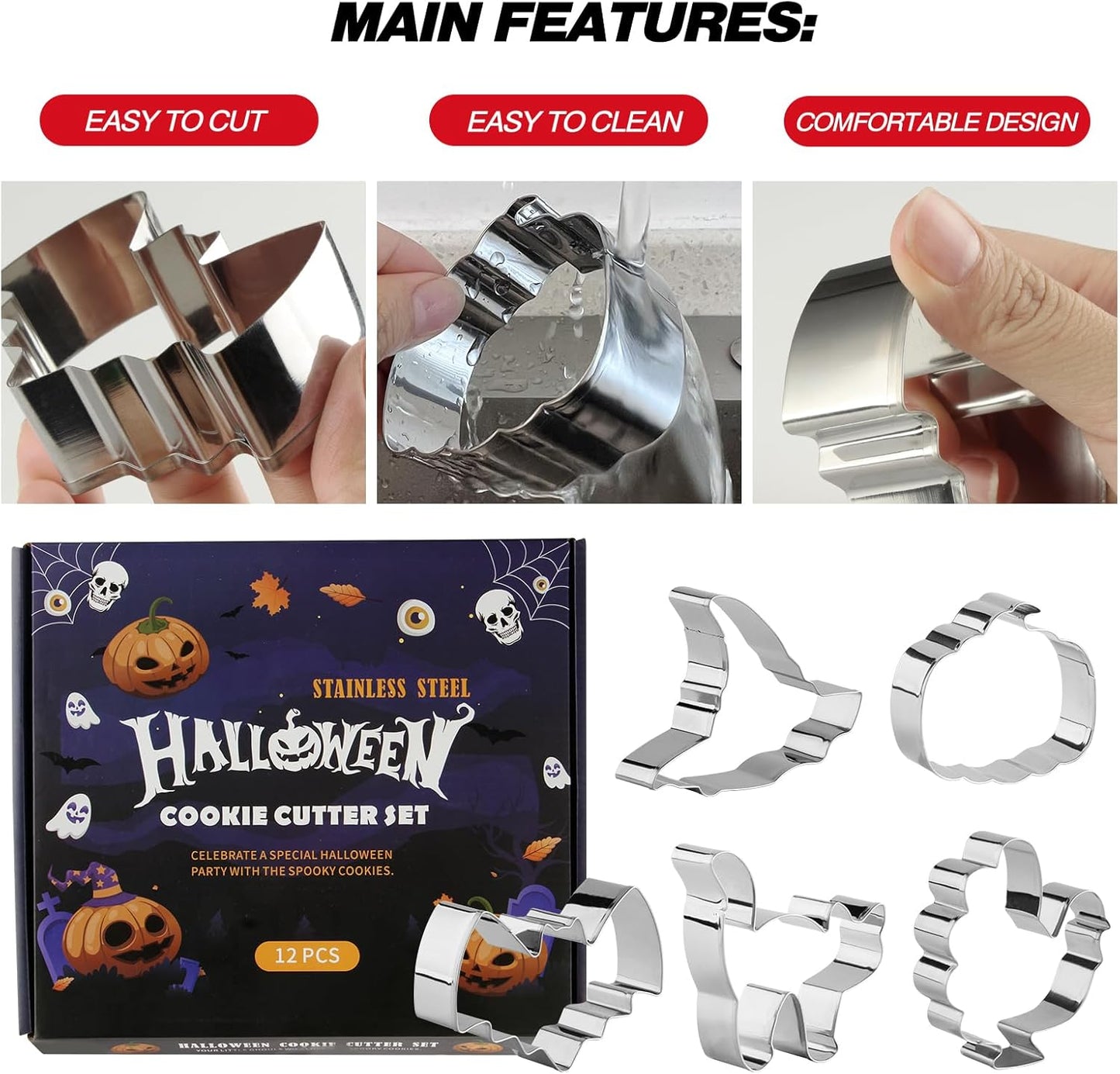 Set of 12 Stainless Steel Halloween Cookie Cutters - Pumpkin, Cat, Bat, Ghost, Witch Hat Shapes - Decorations for Halloween Party - Gift Box Included
