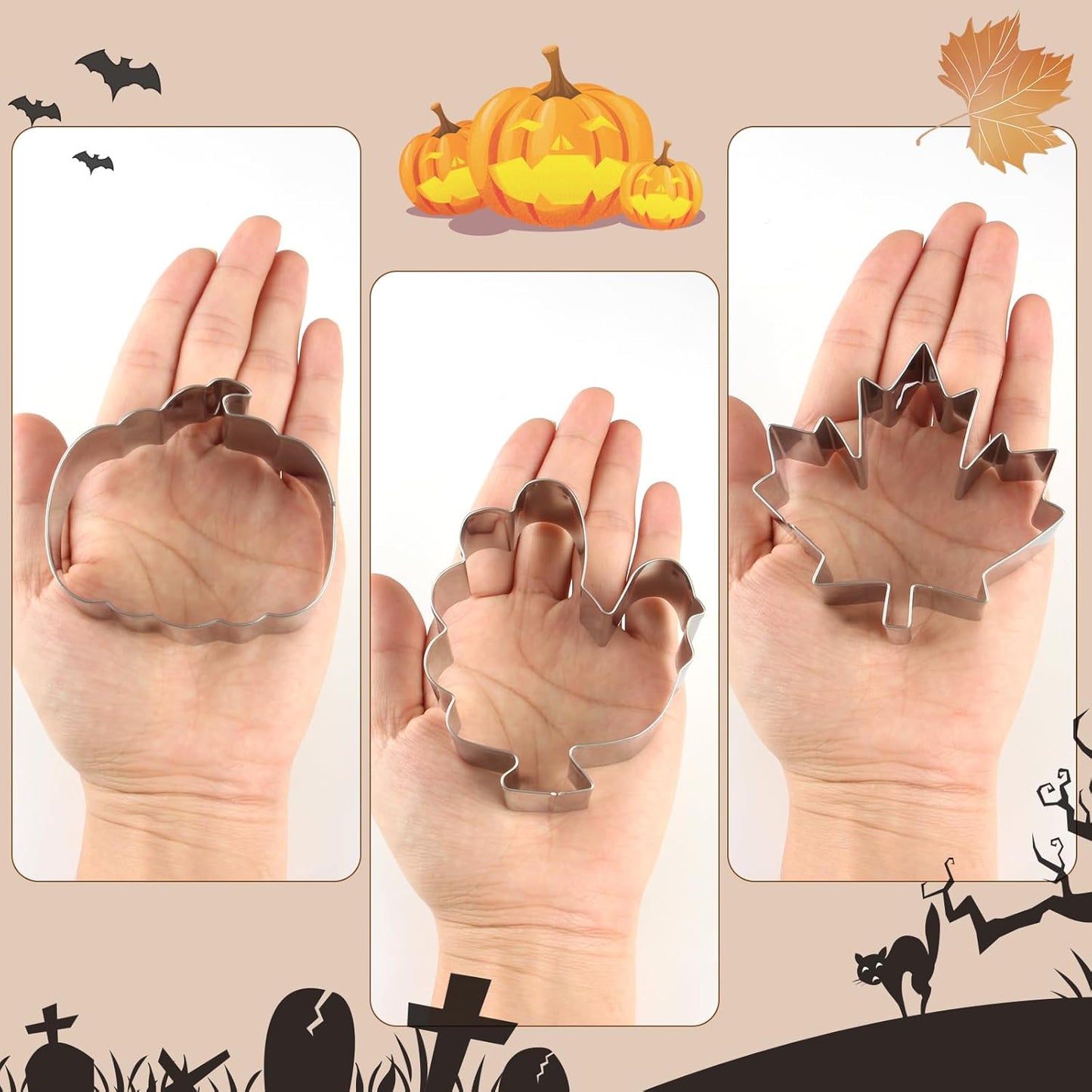 Set of 12 Stainless Steel Halloween Cookie Cutters - Pumpkin, Cat, Bat, Ghost, Witch Hat Shapes - Decorations for Halloween Party - Gift Box Included