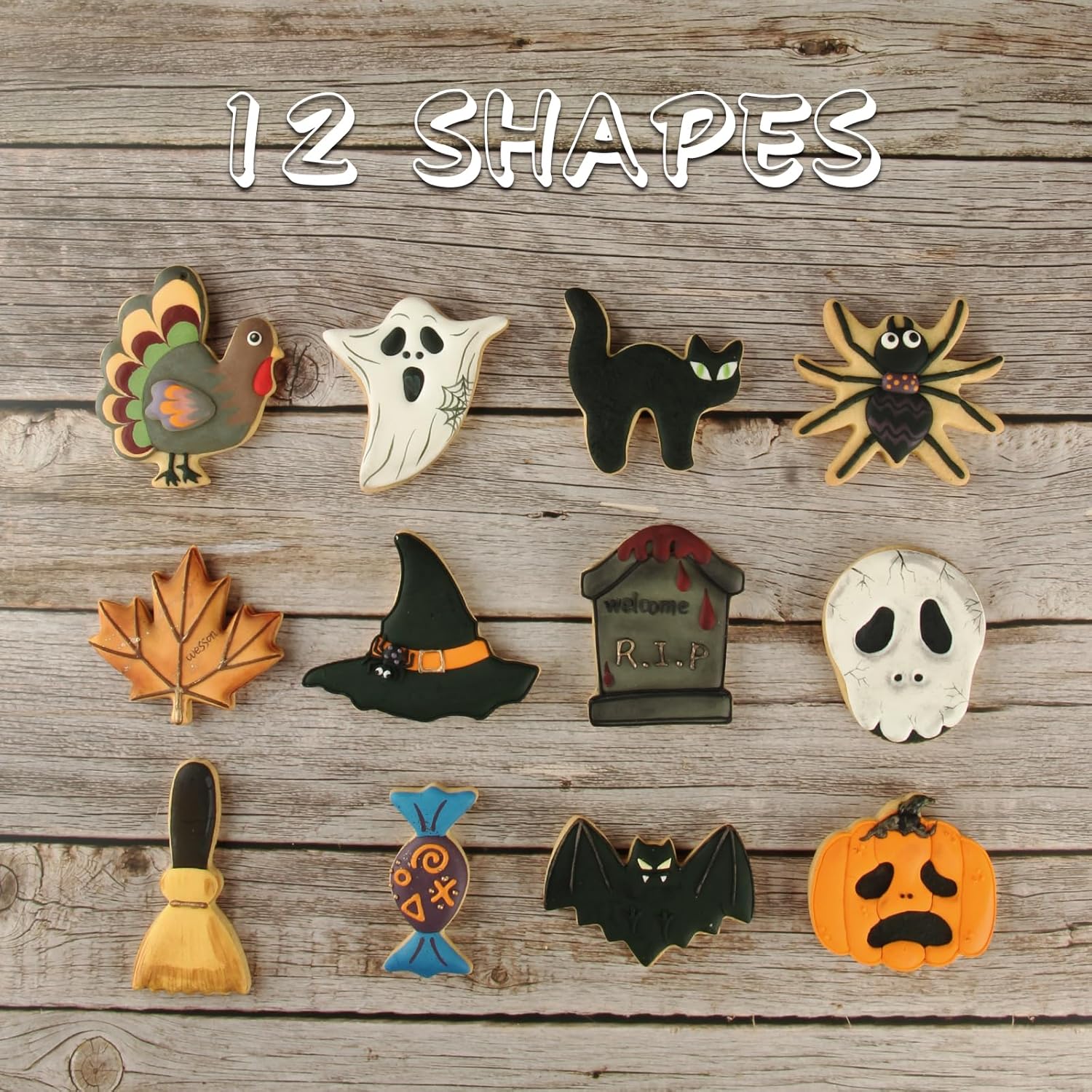 Set of 12 Stainless Steel Halloween Cookie Cutters - Pumpkin, Cat, Bat, Ghost, Witch Hat Shapes - Decorations for Halloween Party - Gift Box Included