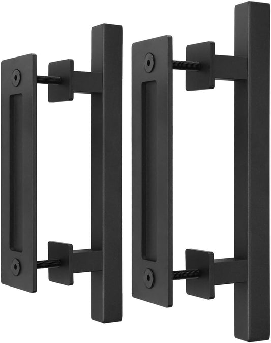 Set of 2 12" Sliding Barn Door Handles & Pulls - Heavy Duty Rustic Hardware, Matte Black Powder Coated, Easy Install, Square Design