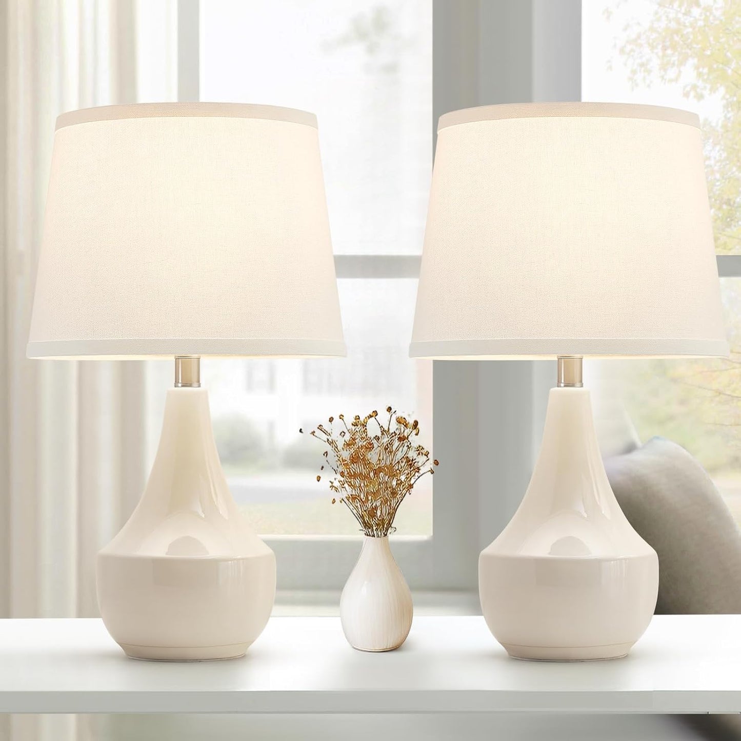 Set of 2 18.63" Ceramic Table Lamps - Modern Classic Beside Lamps for Living Room, Bedroom & Office - Cream Finish with LED Bulbs