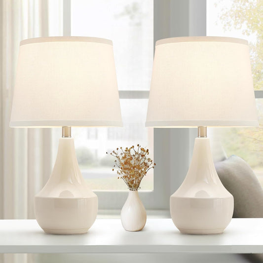 Set of 2 18.63" Ceramic Table Lamps - Modern Classic Beside Lamps for Living Room, Bedroom & Office - Cream Finish with LED Bulbs