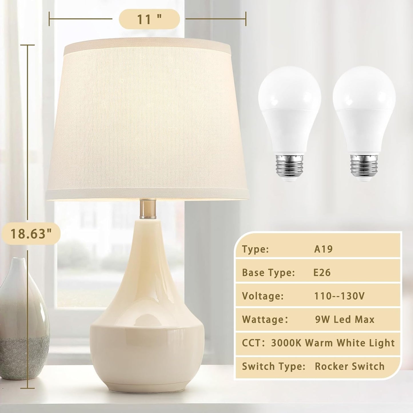 Set of 2 18.63" Ceramic Table Lamps - Modern Classic Beside Lamps for Living Room, Bedroom & Office - Cream Finish with LED Bulbs