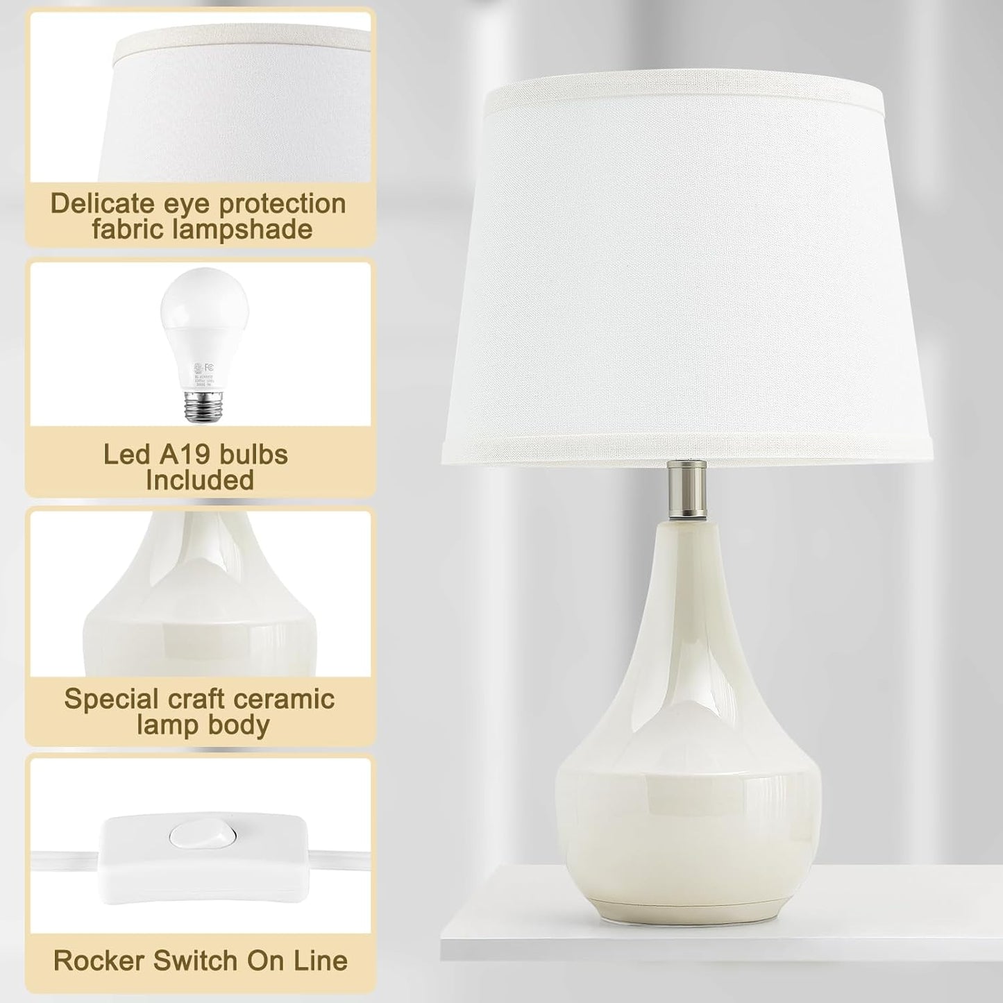 Set of 2 18.63" Ceramic Table Lamps - Modern Classic Beside Lamps for Living Room, Bedroom & Office - Cream Finish with LED Bulbs