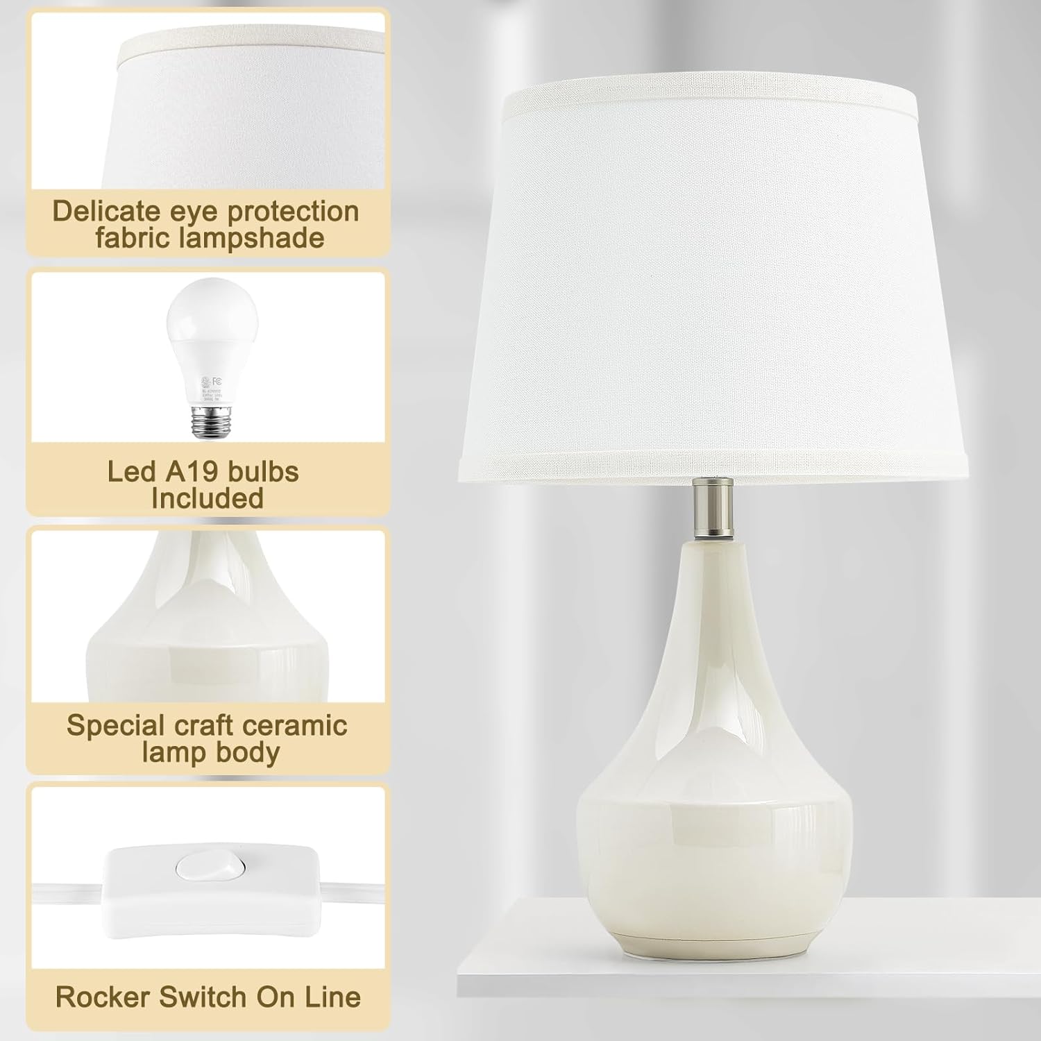 Set of 2 18.63" Ceramic Table Lamps - Modern Classic Beside Lamps for Living Room, Bedroom & Office - Cream Finish with LED Bulbs