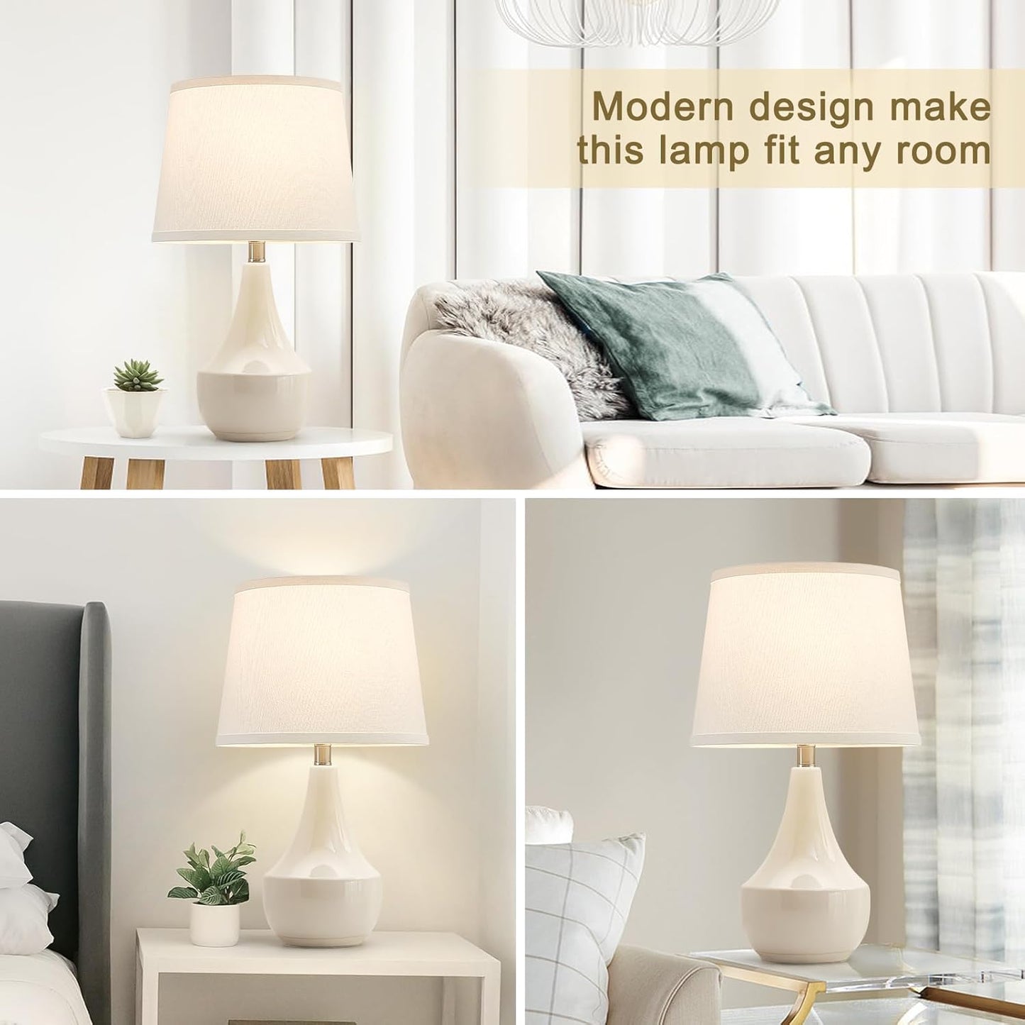 Set of 2 18.63" Ceramic Table Lamps - Modern Classic Beside Lamps for Living Room, Bedroom & Office - Cream Finish with LED Bulbs
