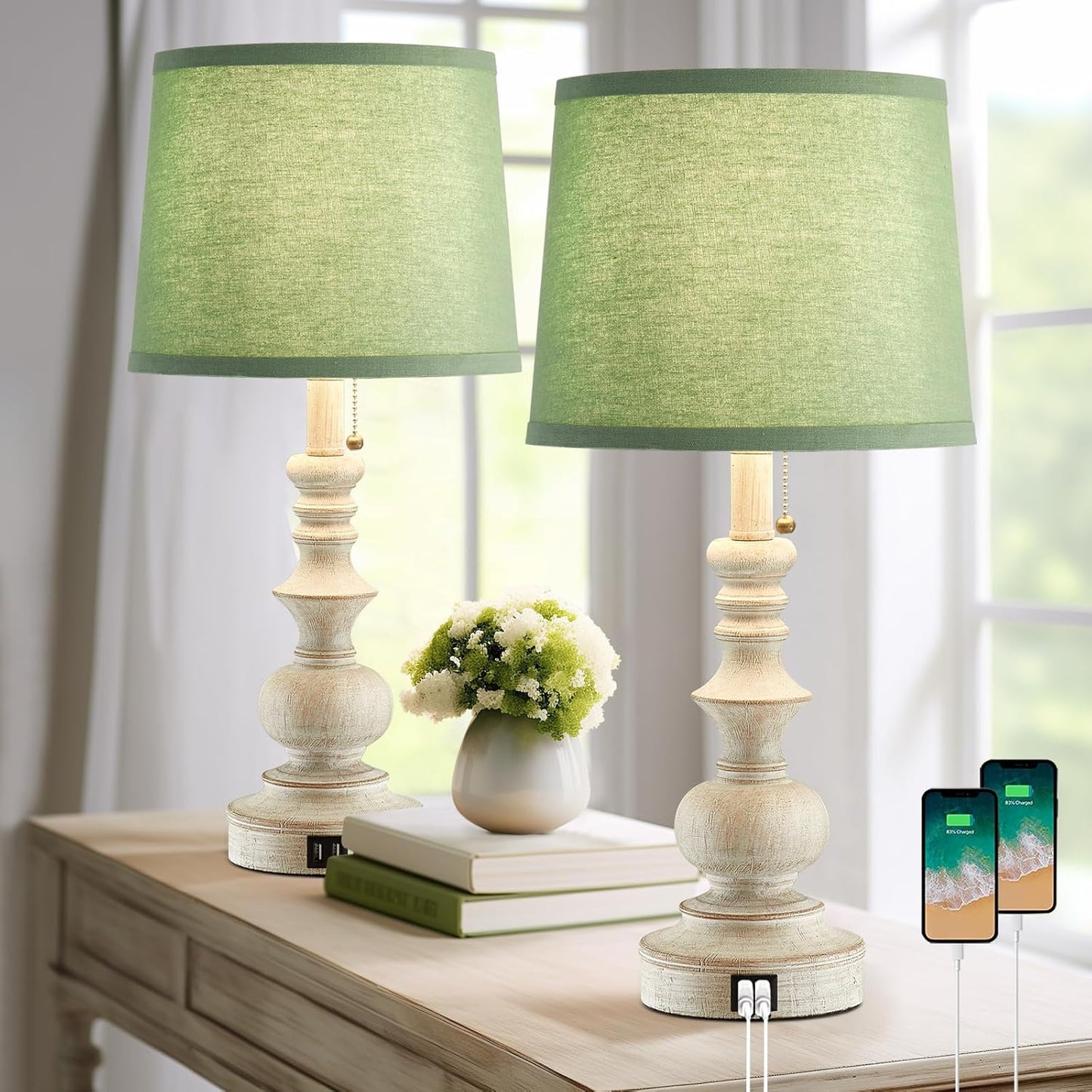 Set of 2 22'' Farmhouse Bedside Lamps with USB Charging Ports and Green Shades for Living Room, Study Room - Bulbs Not Included