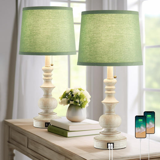 Set of 2 22'' Farmhouse Bedside Lamps with USB Charging Ports and Green Shades for Living Room, Study Room - Bulbs Not Included