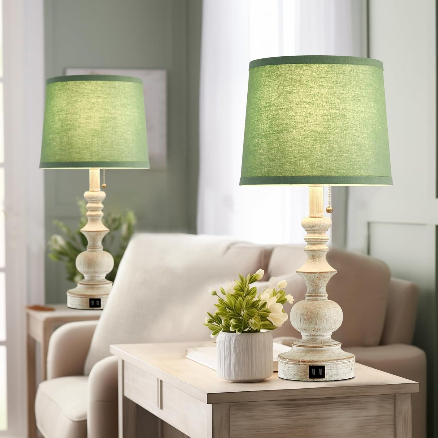 Set of 2 22'' Farmhouse Bedside Lamps with USB Charging Ports and Green Shades for Living Room, Study Room - Bulbs Not Included