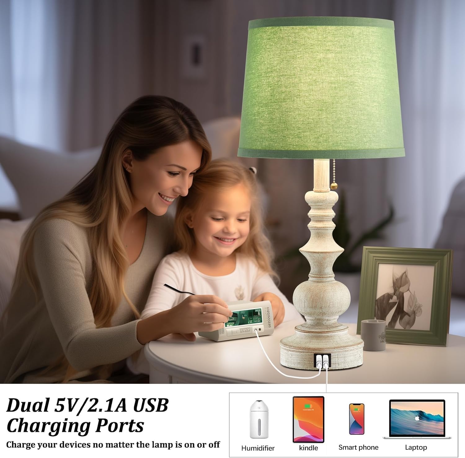 Set of 2 22'' Farmhouse Bedside Lamps with USB Charging Ports and Green Shades for Living Room, Study Room - Bulbs Not Included