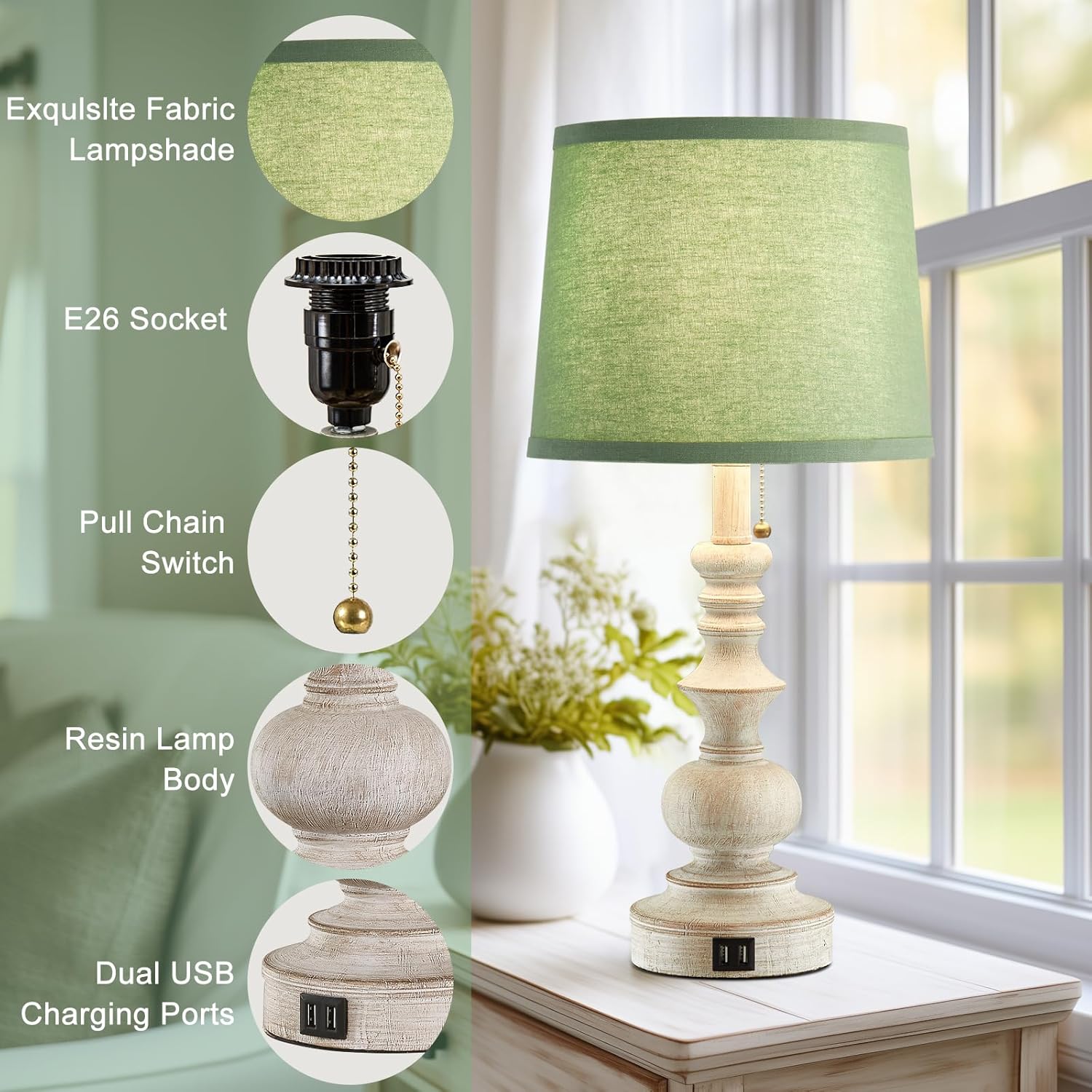 Set of 2 22'' Farmhouse Bedside Lamps with USB Charging Ports and Green Shades for Living Room, Study Room - Bulbs Not Included