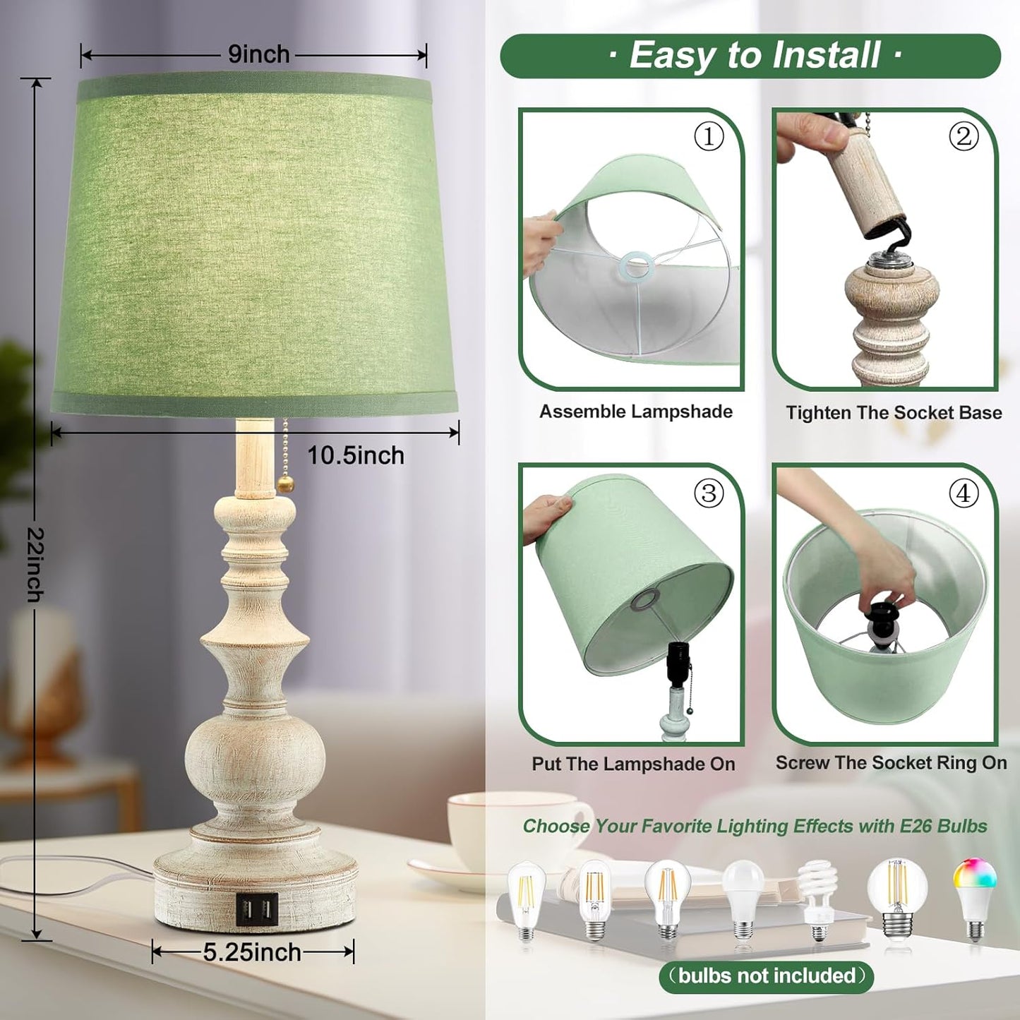 Set of 2 22'' Farmhouse Bedside Lamps with USB Charging Ports and Green Shades for Living Room, Study Room - Bulbs Not Included