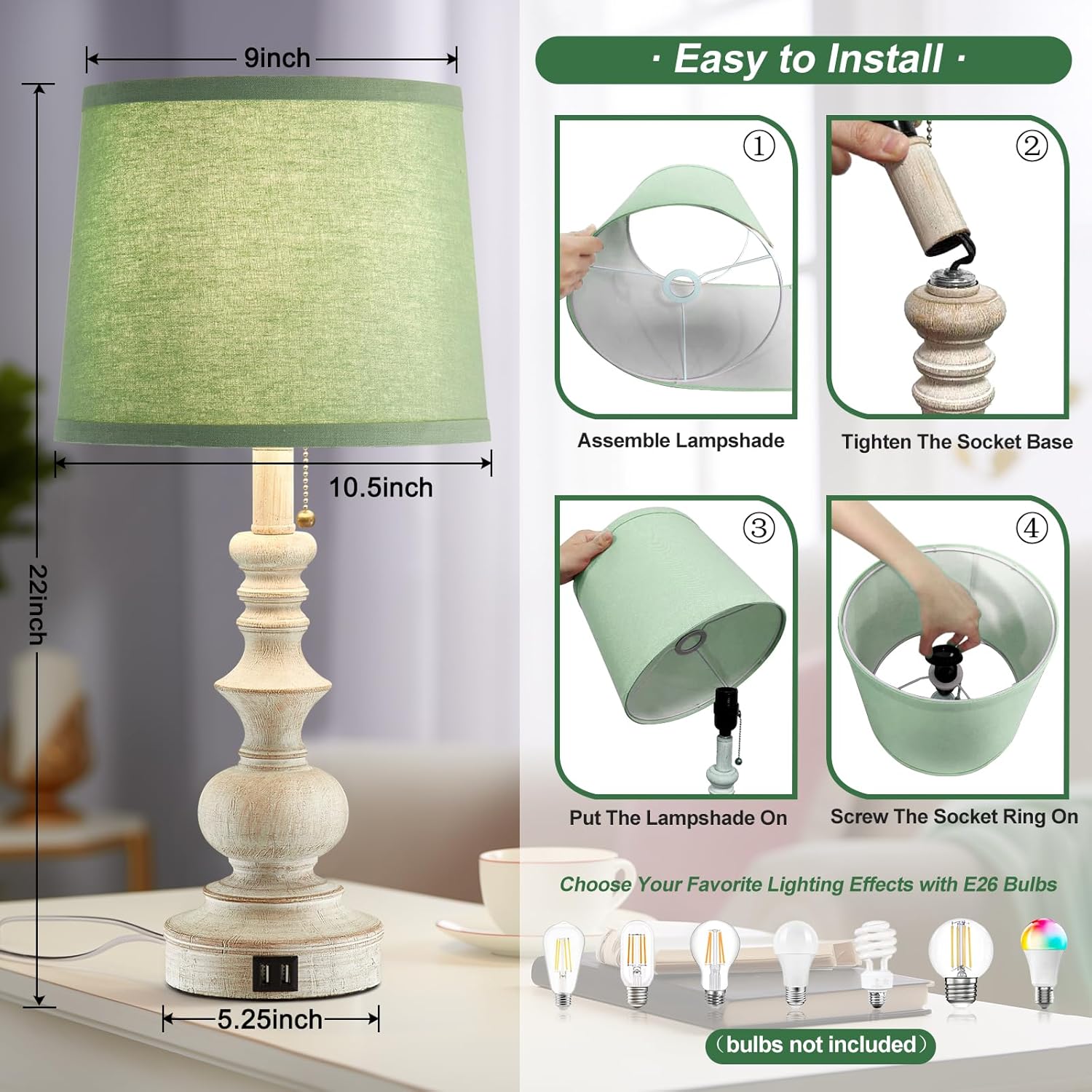 Set of 2 22'' Farmhouse Bedside Lamps with USB Charging Ports and Green Shades for Living Room, Study Room - Bulbs Not Included