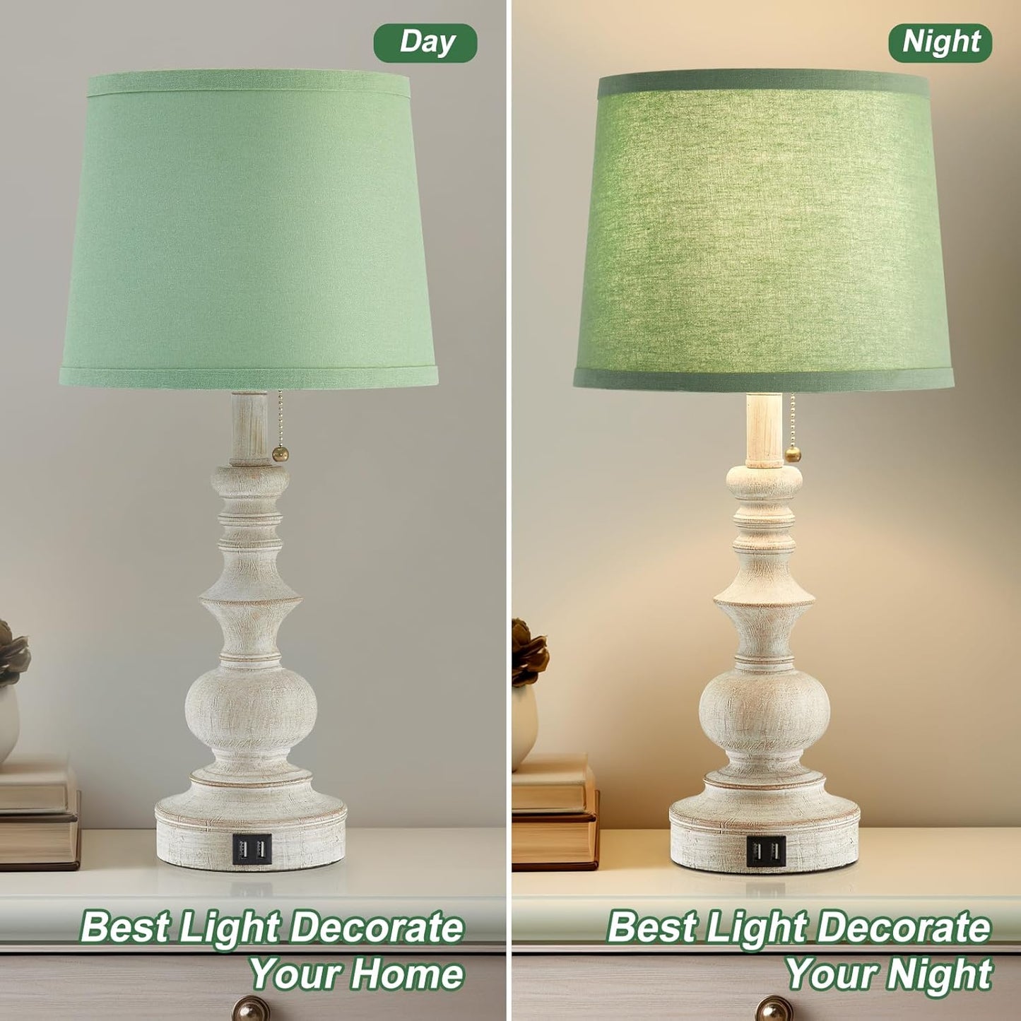 Set of 2 22'' Farmhouse Bedside Lamps with USB Charging Ports and Green Shades for Living Room, Study Room - Bulbs Not Included