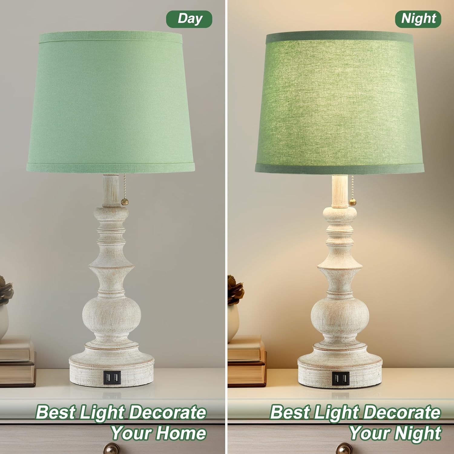 Set of 2 22'' Farmhouse Bedside Lamps with USB Charging Ports and Green Shades for Living Room, Study Room - Bulbs Not Included