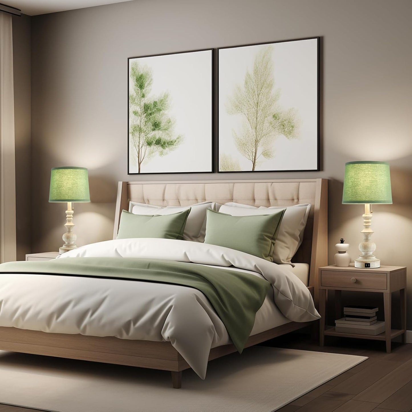 Set of 2 22'' Farmhouse Bedside Lamps with USB Charging Ports and Green Shades for Living Room, Study Room - Bulbs Not Included