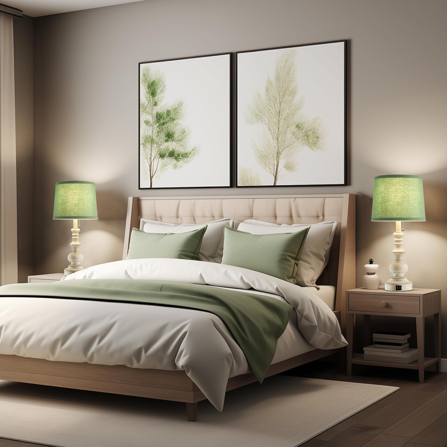 Set of 2 22'' Farmhouse Bedside Lamps with USB Charging Ports and Green Shades for Living Room, Study Room - Bulbs Not Included