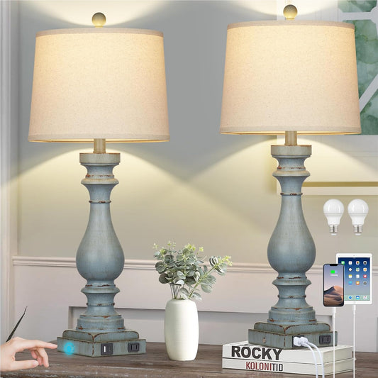 Set of 2 29" Coastal Bedside Lamps with USB Ports & AC Outlet, 3-Way Dimmable Touch Control Retro Blue Desk Lamp for Living Room and Bedroom