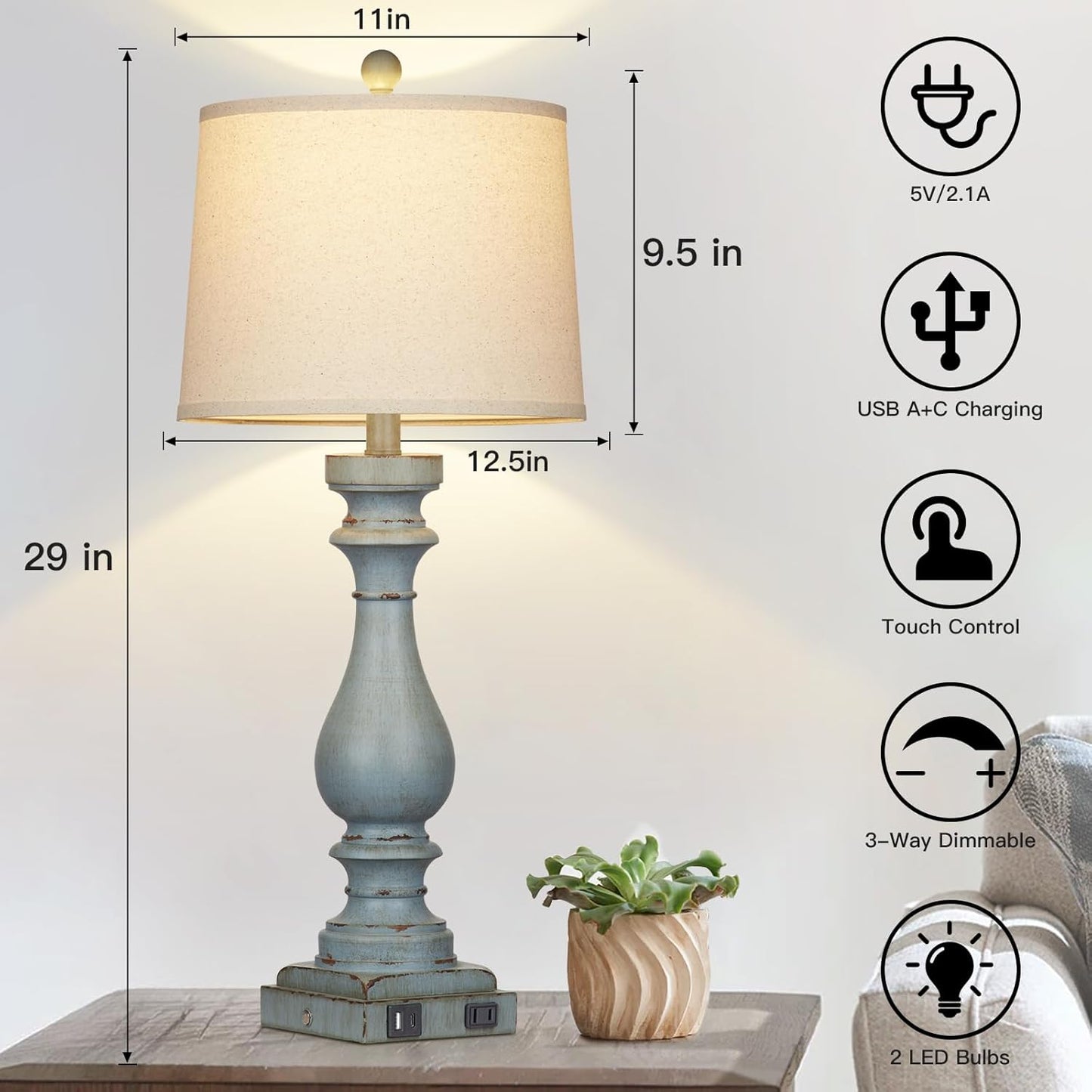 Set of 2 29" Coastal Bedside Lamps with USB Ports & AC Outlet, 3-Way Dimmable Touch Control Retro Blue Desk Lamp for Living Room and Bedroom