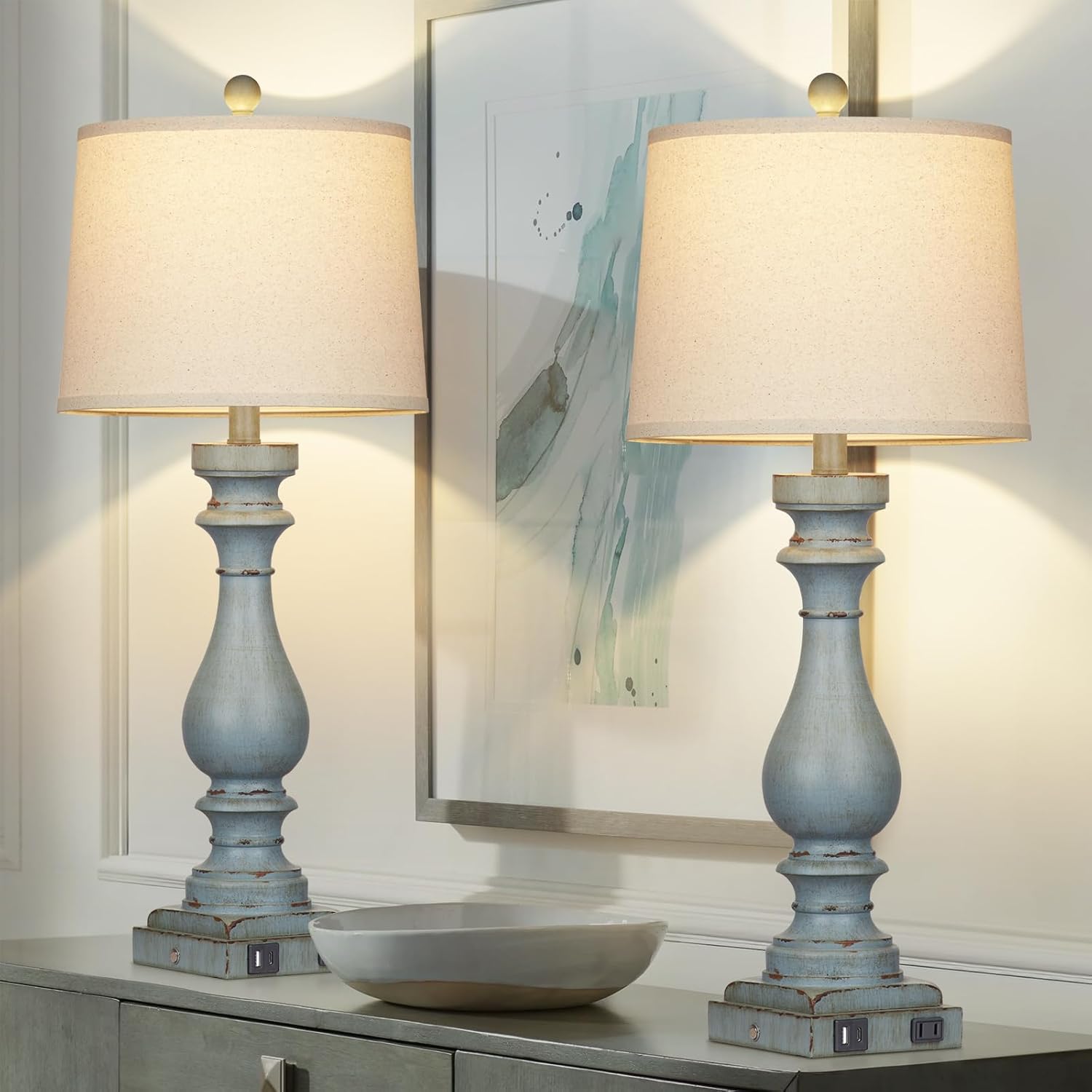 Set of 2 29" Coastal Bedside Lamps with USB Ports & AC Outlet, 3-Way Dimmable Touch Control Retro Blue Desk Lamp for Living Room and Bedroom