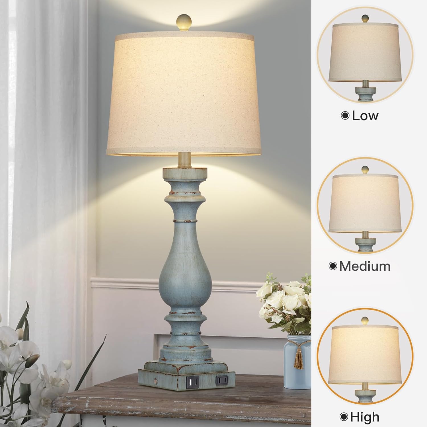 Set of 2 29" Coastal Bedside Lamps with USB Ports & AC Outlet, 3-Way Dimmable Touch Control Retro Blue Desk Lamp for Living Room and Bedroom