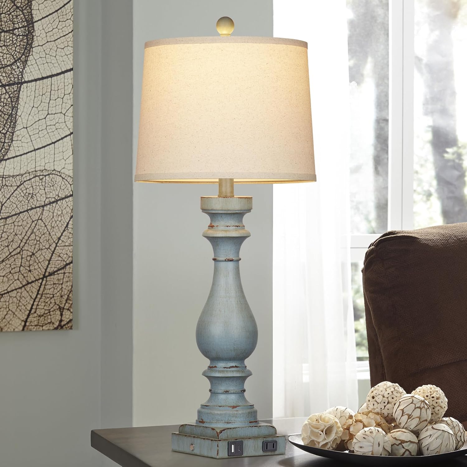 Set of 2 29" Coastal Bedside Lamps with USB Ports & AC Outlet, 3-Way Dimmable Touch Control Retro Blue Desk Lamp for Living Room and Bedroom