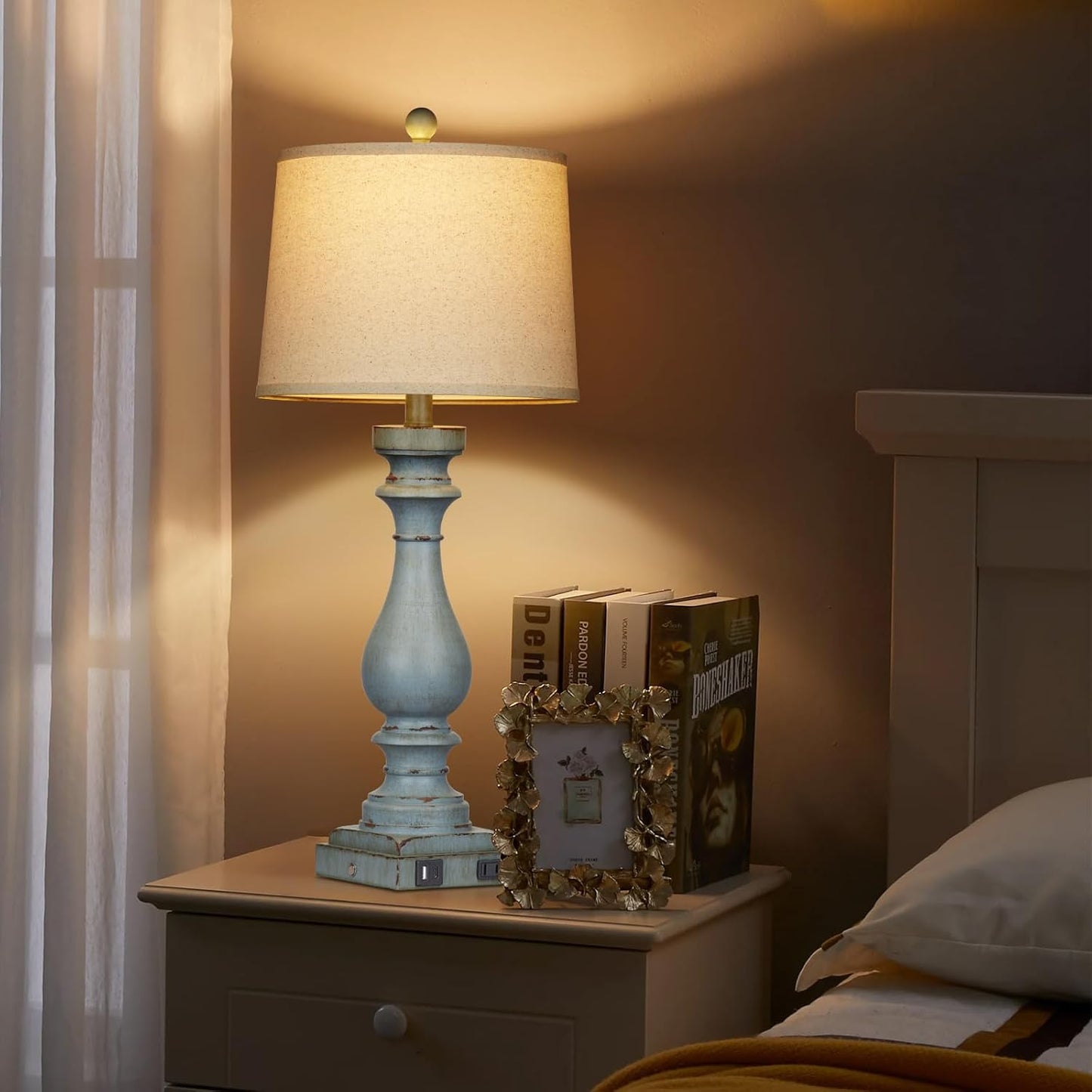 Set of 2 29" Coastal Bedside Lamps with USB Ports & AC Outlet, 3-Way Dimmable Touch Control Retro Blue Desk Lamp for Living Room and Bedroom