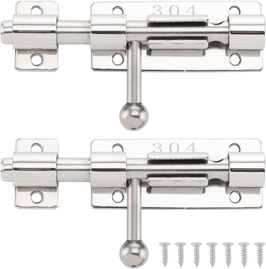 Set of 2 4" Barrel Bolt Door Latch with Padlock Hole, Heavy Duty Stainless Steel Slide Lock - Polished Finish