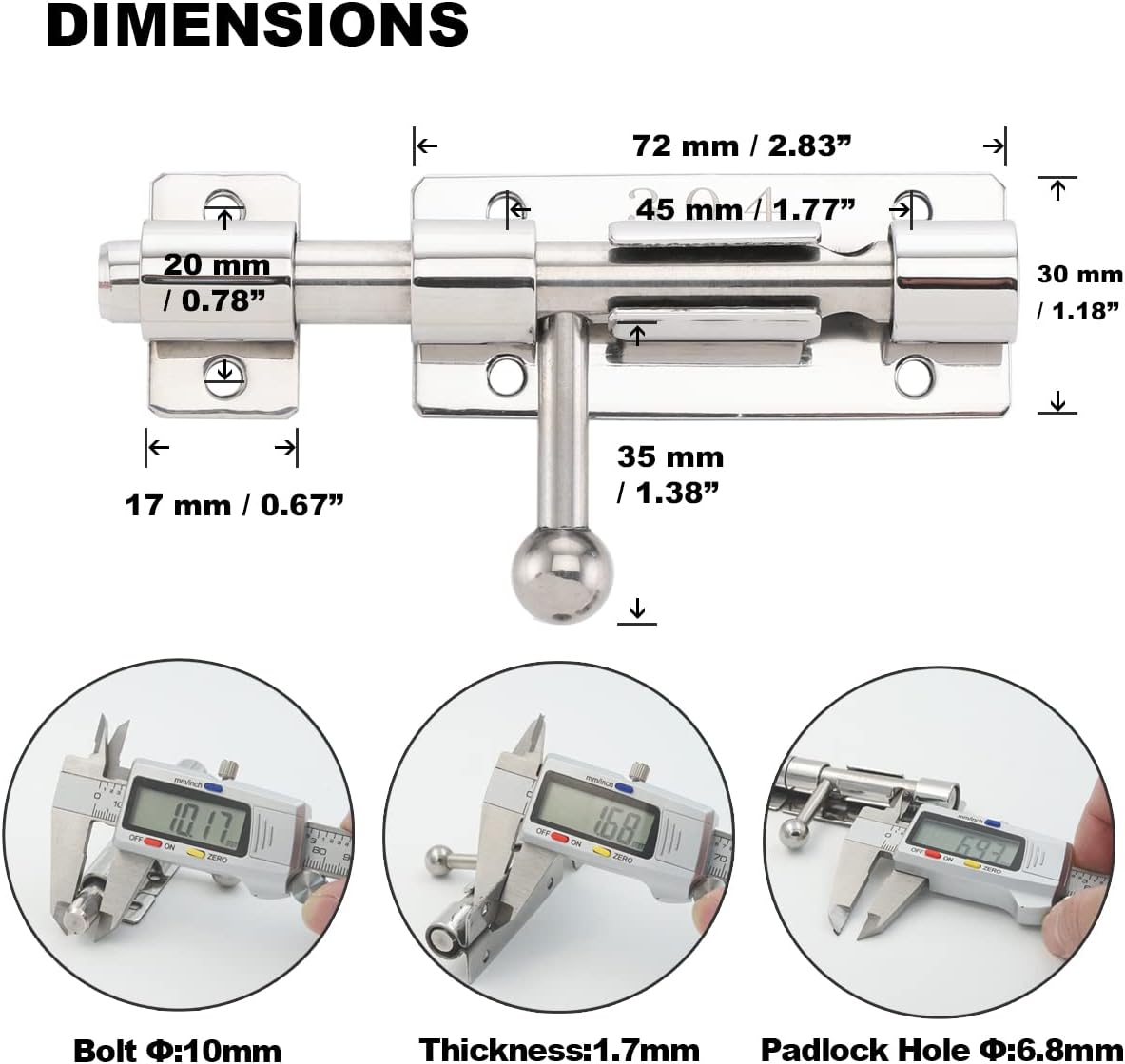 Set of 2 4" Barrel Bolt Door Latch with Padlock Hole, Heavy Duty Stainless Steel Slide Lock - Polished Finish