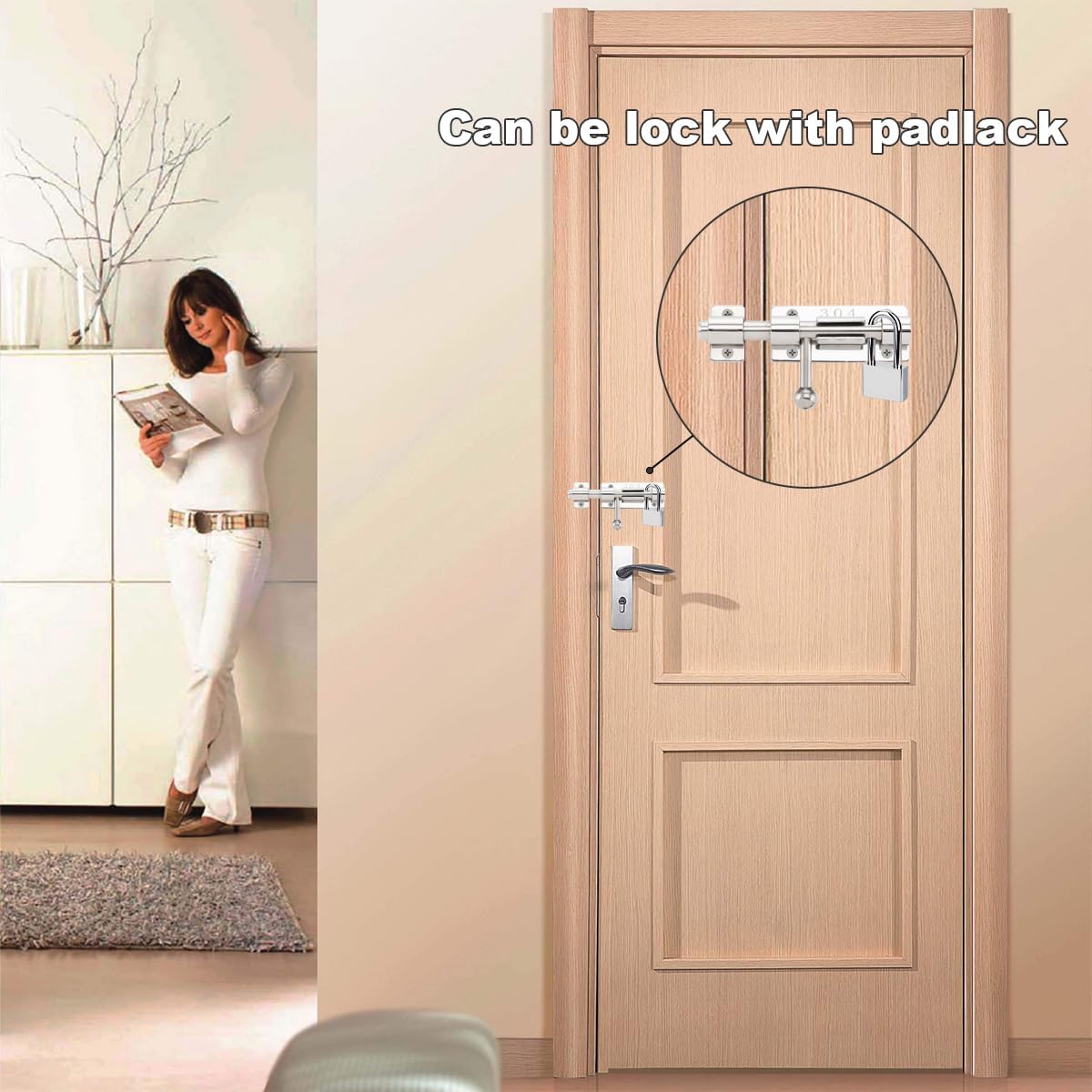 Set of 2 4" Barrel Bolt Door Latch with Padlock Hole, Heavy Duty Stainless Steel Slide Lock - Polished Finish