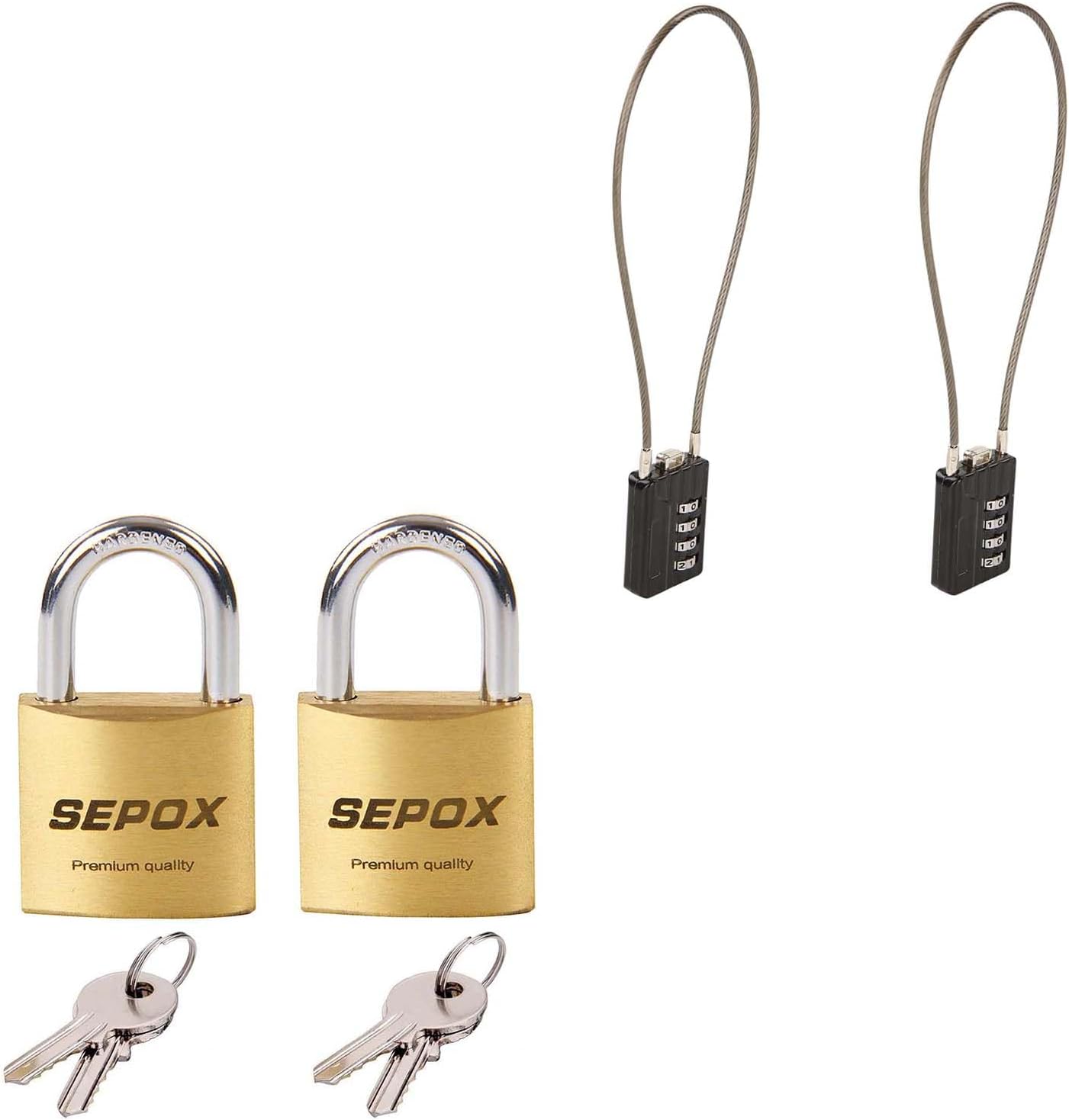 Set of 2 4-Digit Combination Padlocks with Long Cable & 2 Solid Brass Padlocks