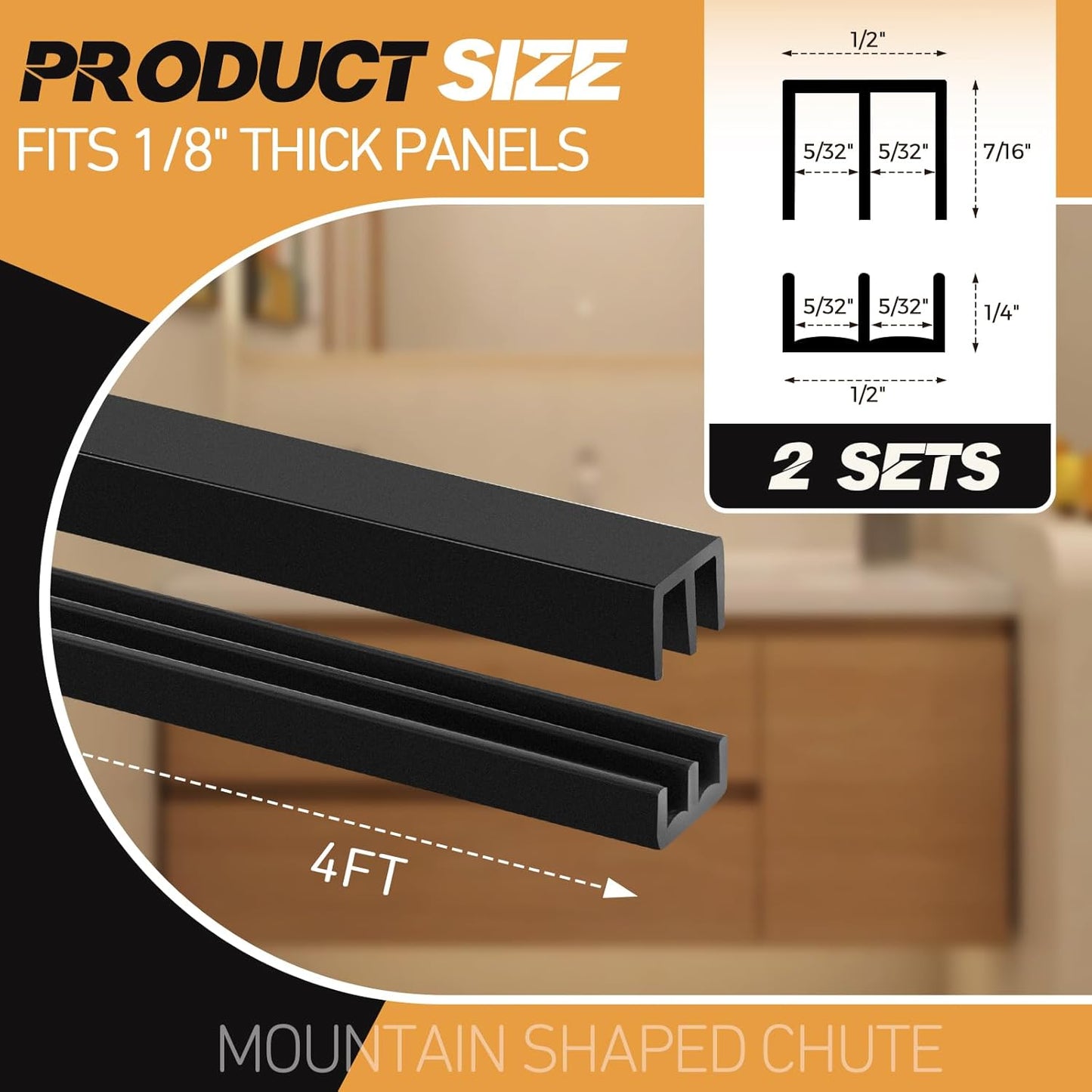 Set of 2 4FT Sliding Door Tracks for 1/8" Thick Panels - Black Plastic Cabinet Window Closet Glass Doors Sliding Track