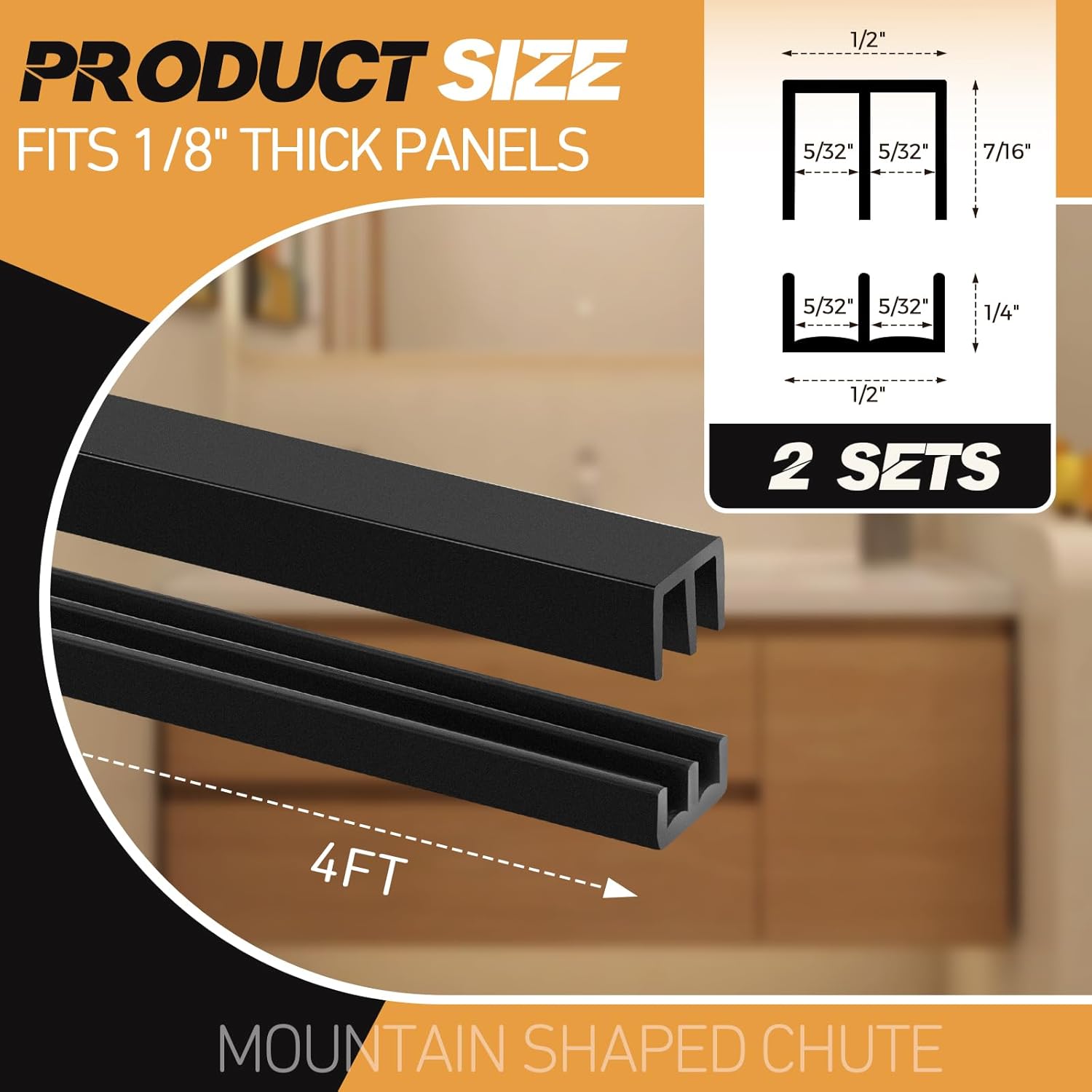 Set of 2 4FT Sliding Door Tracks for 1/8" Thick Panels - Black Plastic Cabinet Window Closet Glass Doors Sliding Track