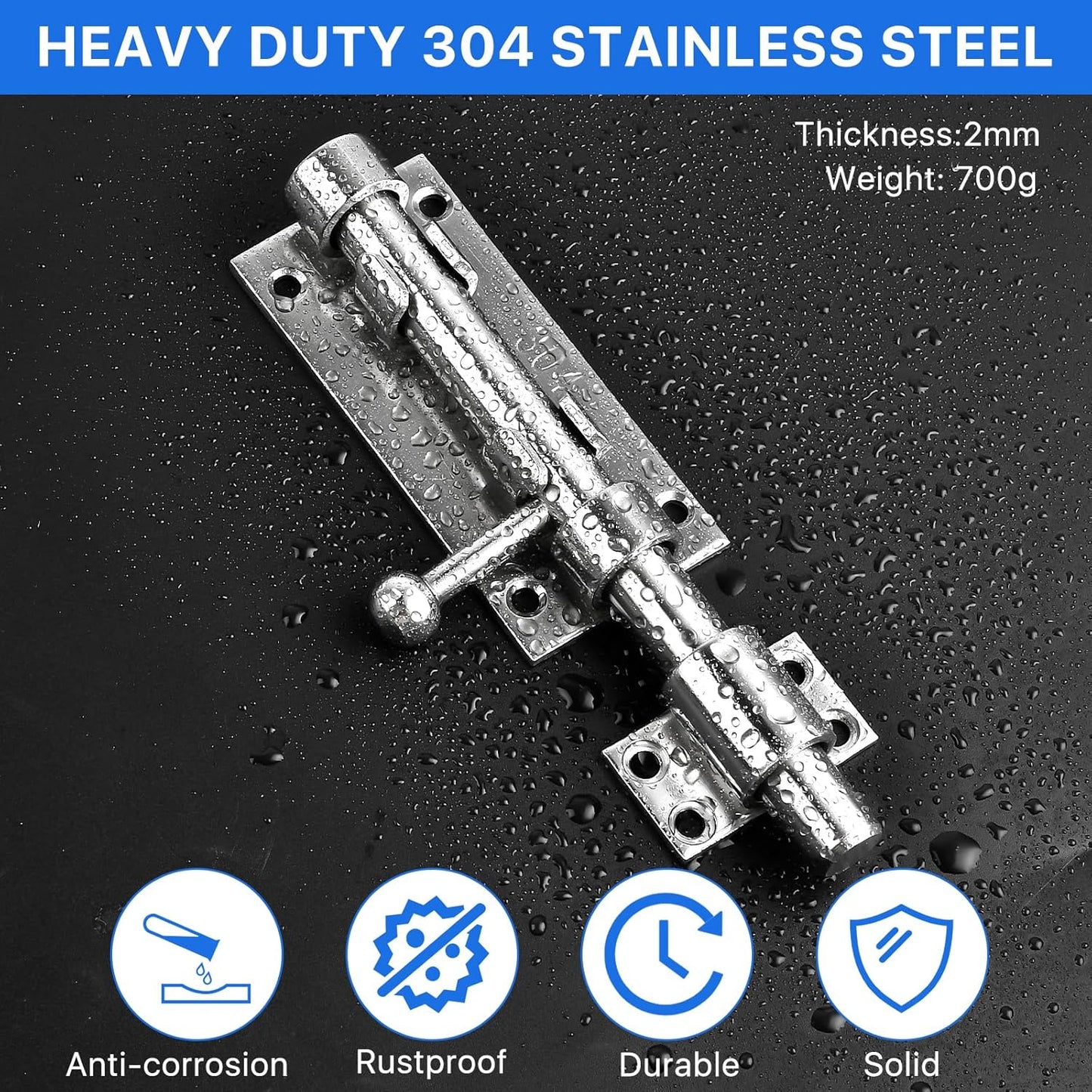 Set of 2 6.3inch Heavy Duty Sliding Bolt Gate Latches with Padlock Hole - 304 Stainless Steel Solid Locks for Yard, Trailer, Fence, Shed, Garages