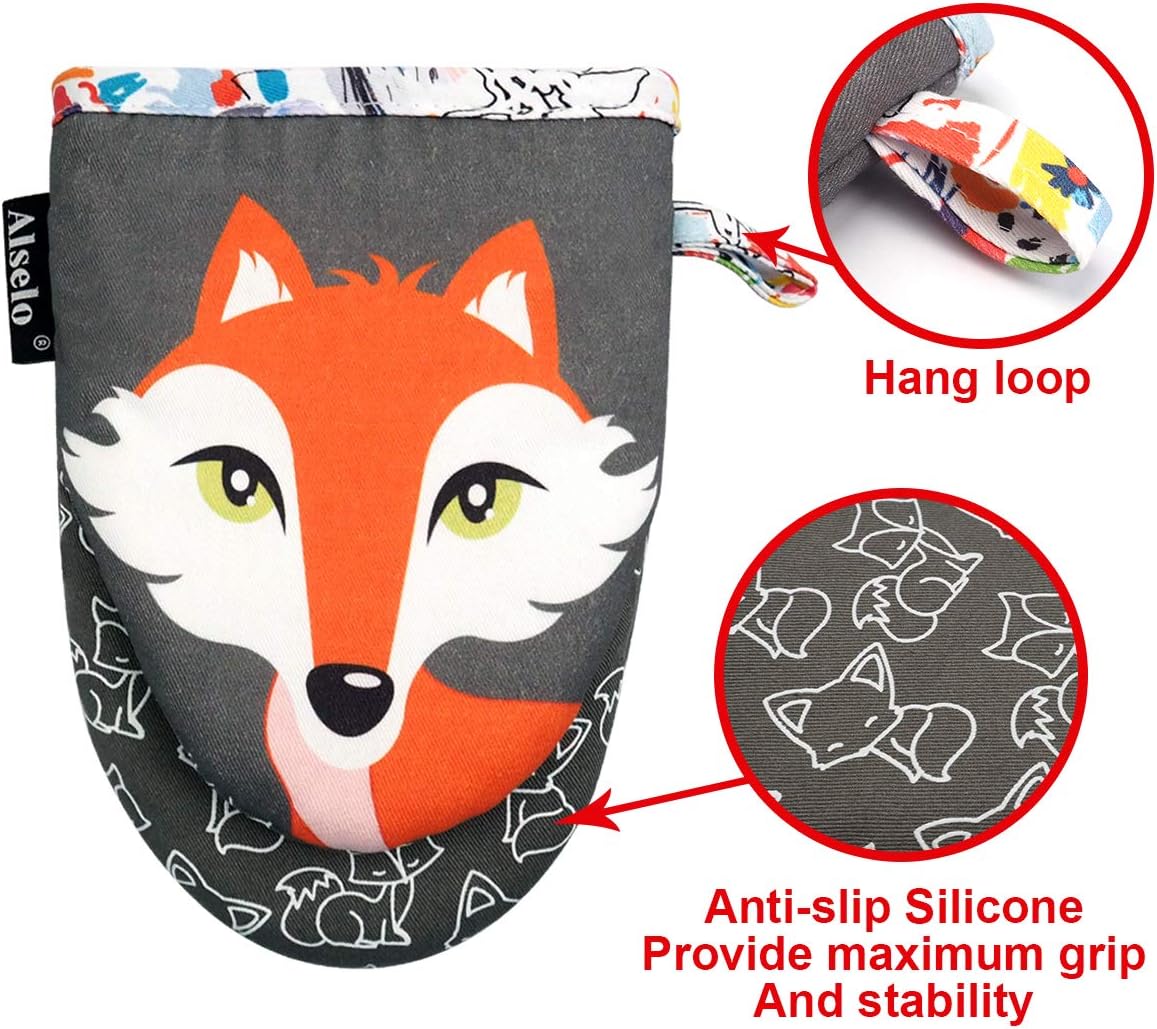 Set of 2 Alselo Mini Oven Mitts - Silicone Kitchen Gloves with Heat Resistance, Non-Slip Grip, and Soft Cotton Lining for Baking Barbecue (Gray)