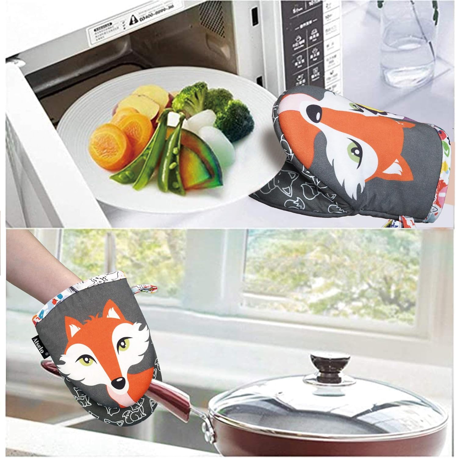 Set of 2 Alselo Mini Oven Mitts - Silicone Kitchen Gloves with Heat Resistance, Non-Slip Grip, and Soft Cotton Lining for Baking Barbecue (Gray)