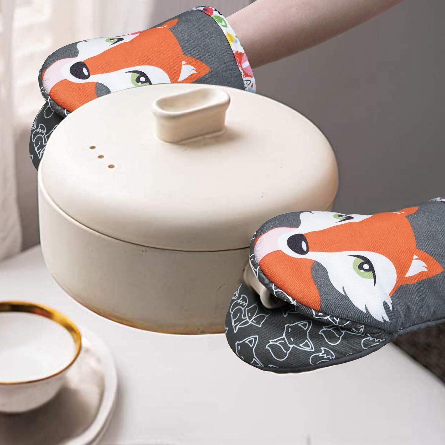 Set of 2 Alselo Mini Oven Mitts - Silicone Kitchen Gloves with Heat Resistance, Non-Slip Grip, and Soft Cotton Lining for Baking Barbecue (Gray)