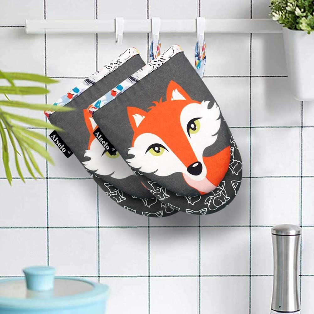 Set of 2 Alselo Mini Oven Mitts - Silicone Kitchen Gloves with Heat Resistance, Non-Slip Grip, and Soft Cotton Lining for Baking Barbecue (Gray)