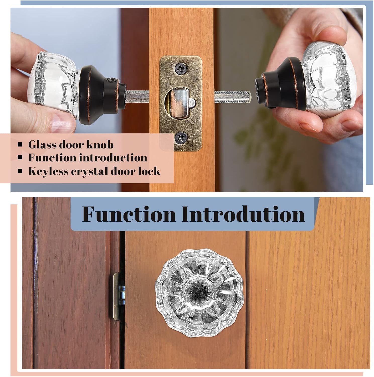 Set of 2 Antique Bronze Fluted Crystal Glass Door Knobs with Spindle - Mortise Style for Home Interior